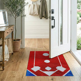 Red Geometric Area Rug with White Circles Blue Base