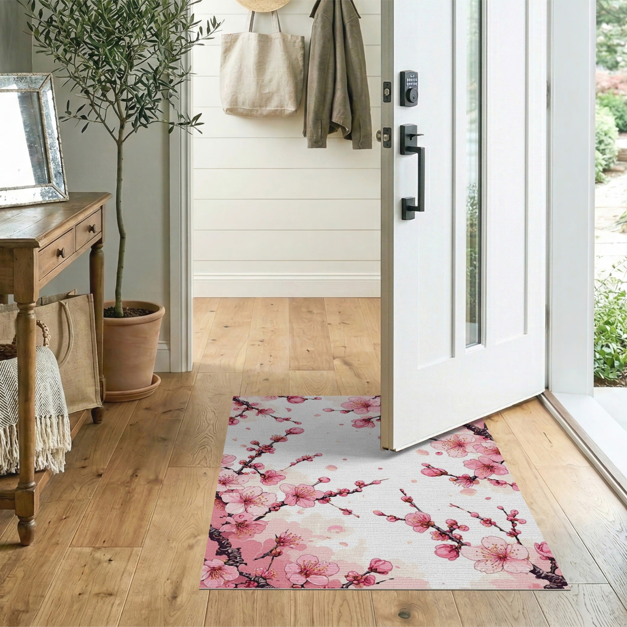 Floral Vintage Pink Cherry Blossom Branches Area Rug