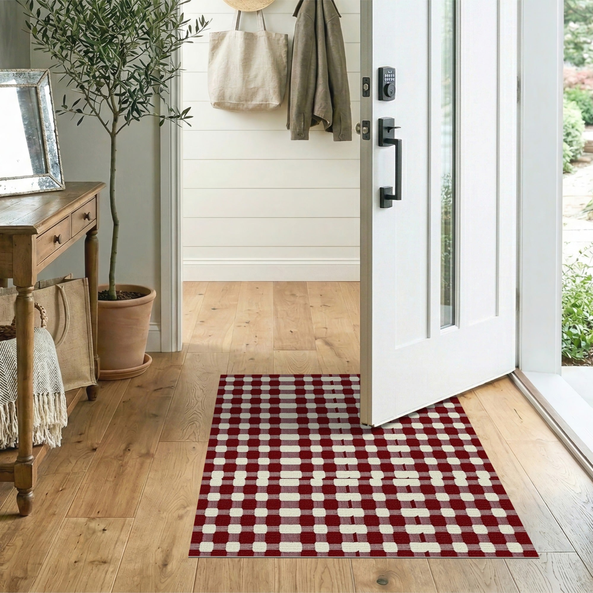 Burgundy Gingham Check Area Rug