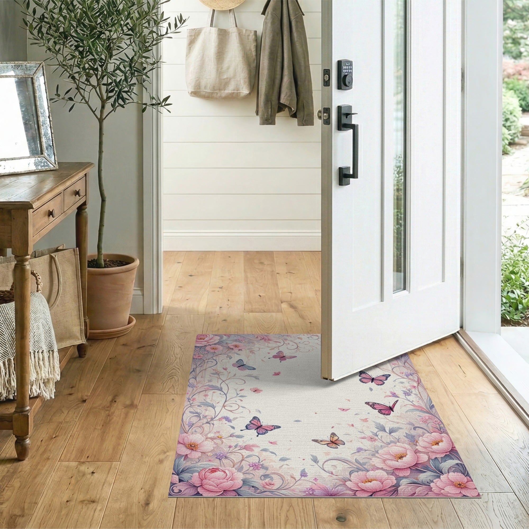 Washable Whimsical Pastel Floral Butterfly Low Pile Area Rug