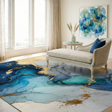 Navy Blue Gold Fluid Abstract Area Rug