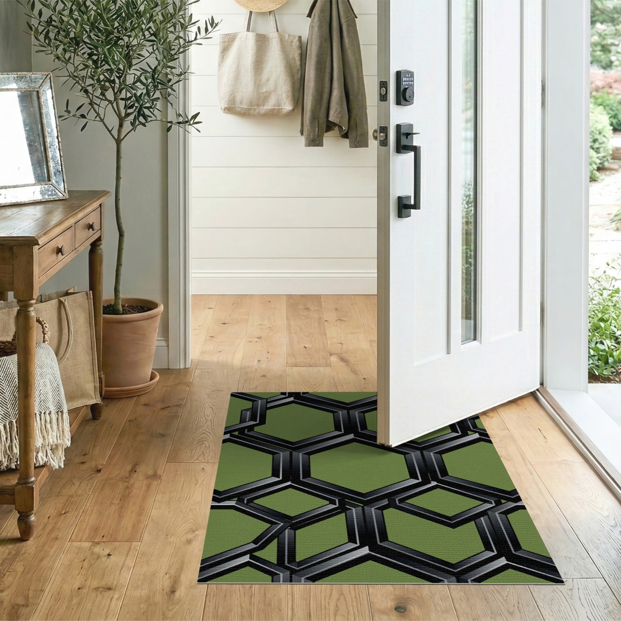 Green Black Interlocking Hexagon Area Rug