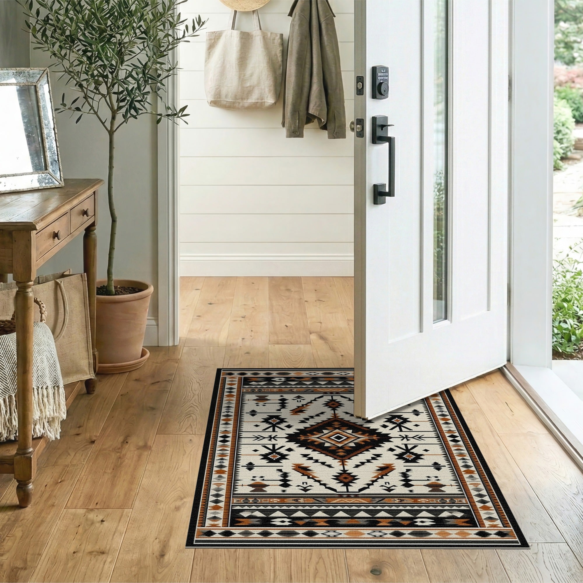 Southwestern Geometric Area Rug in Black, Cream Rust