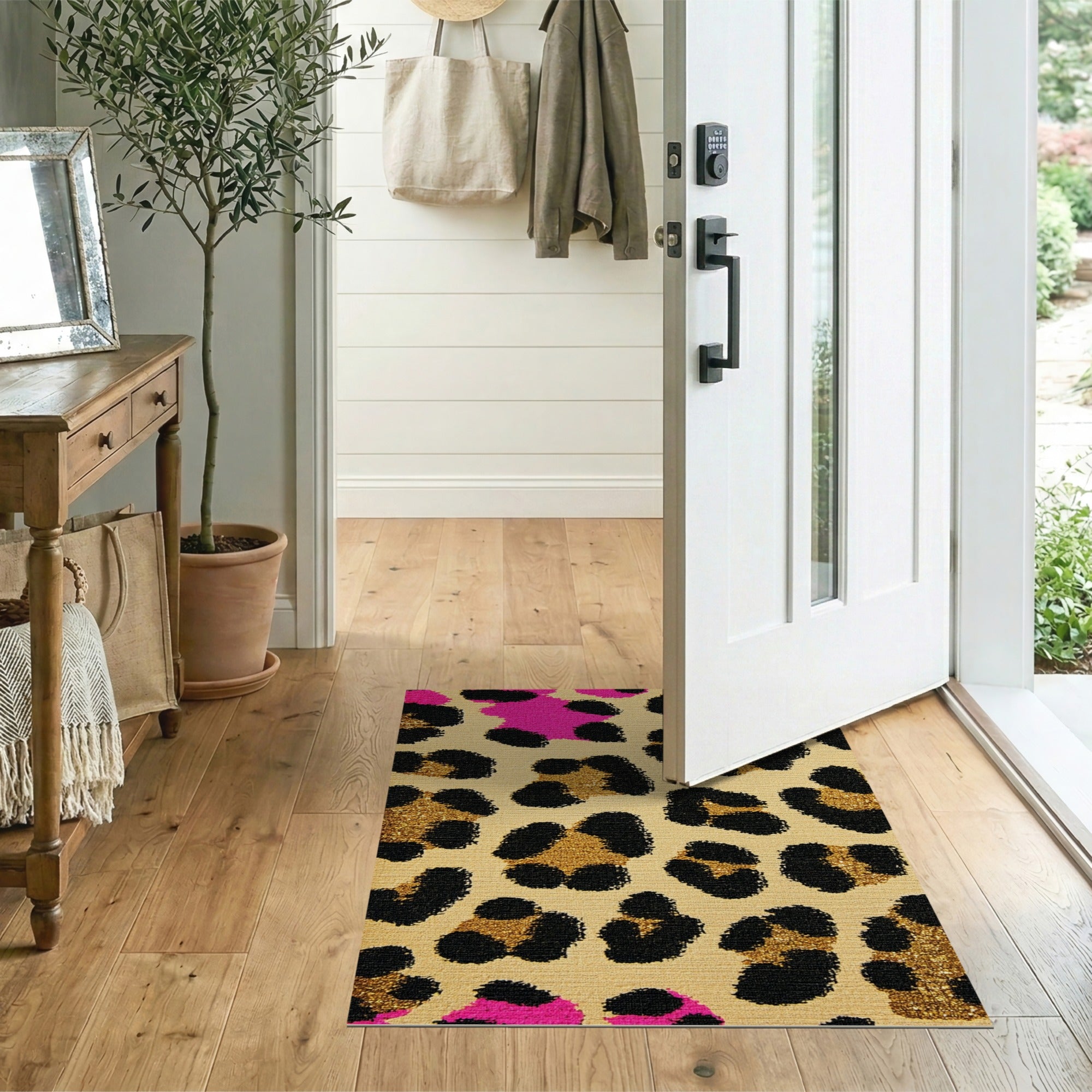 Pink Gold Glitter Leopard Area Rug