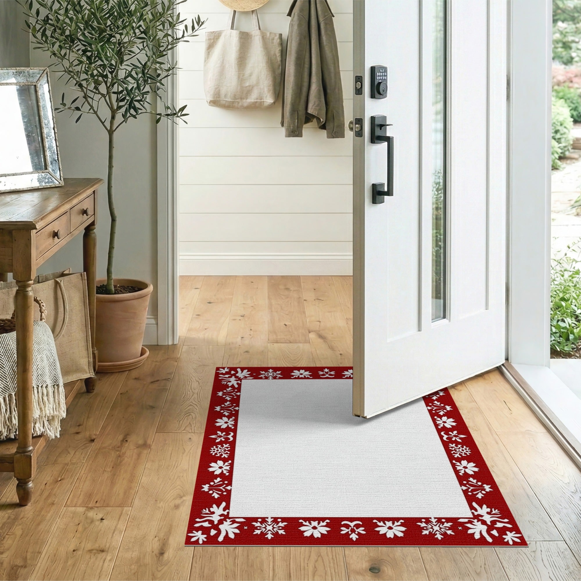 Festive Red Poinsettia Snowflake Border Rug