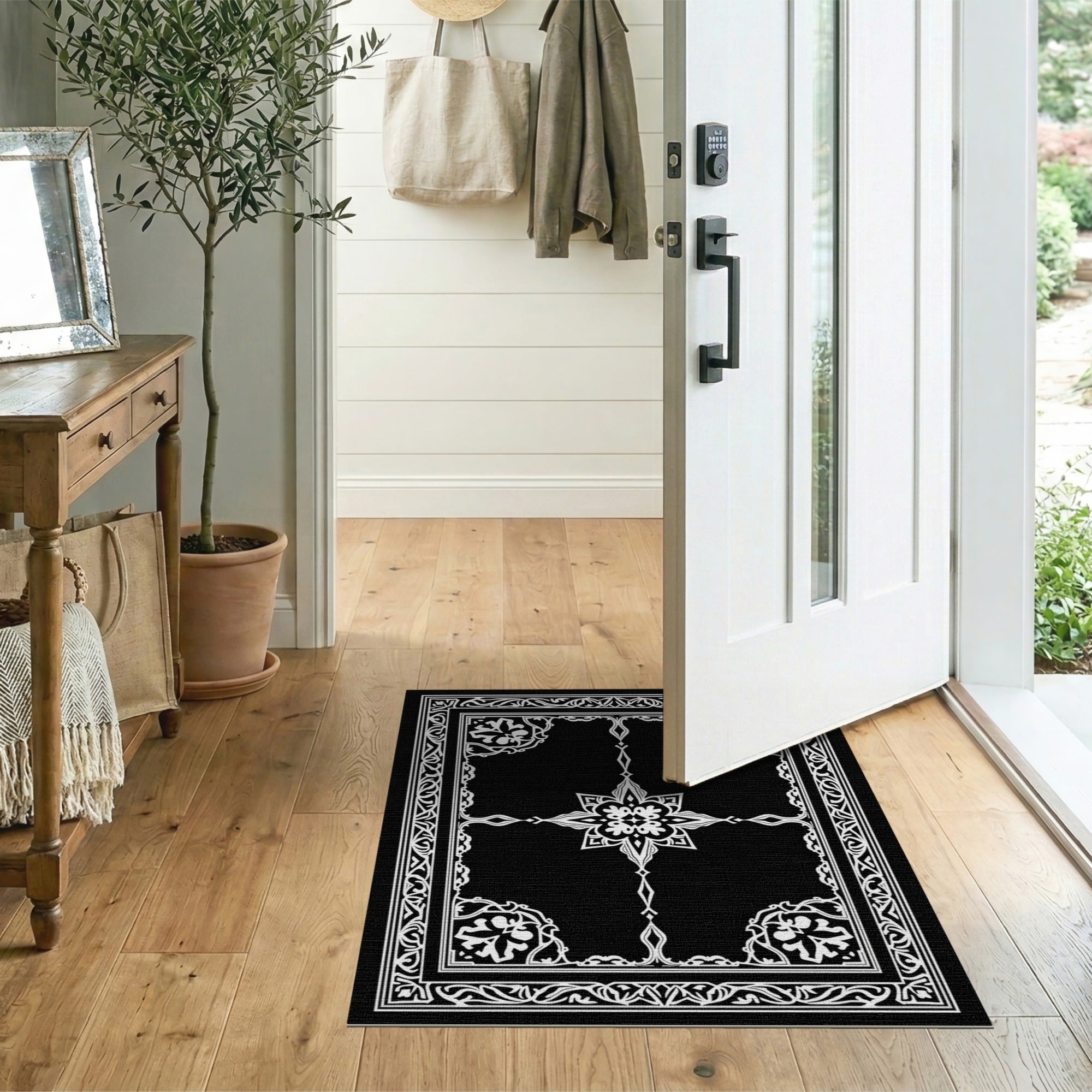 Ornate Black White Traditional Persian Area Rug