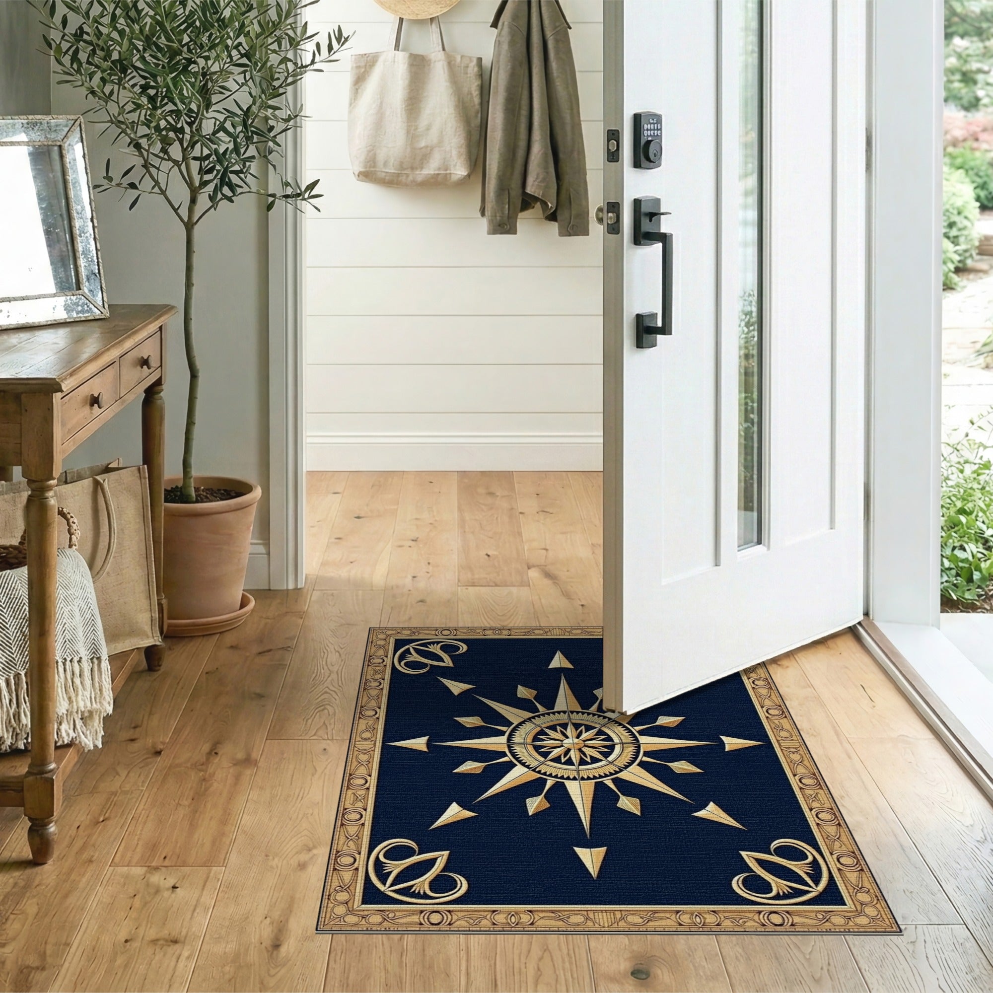 Golden Compass Rose Navy Area Rug