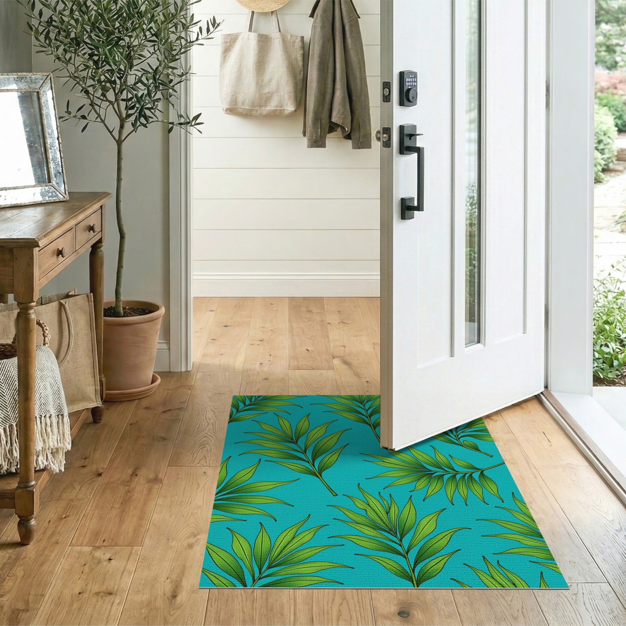 Lush Green Palm Fronds on Teal Area Rug