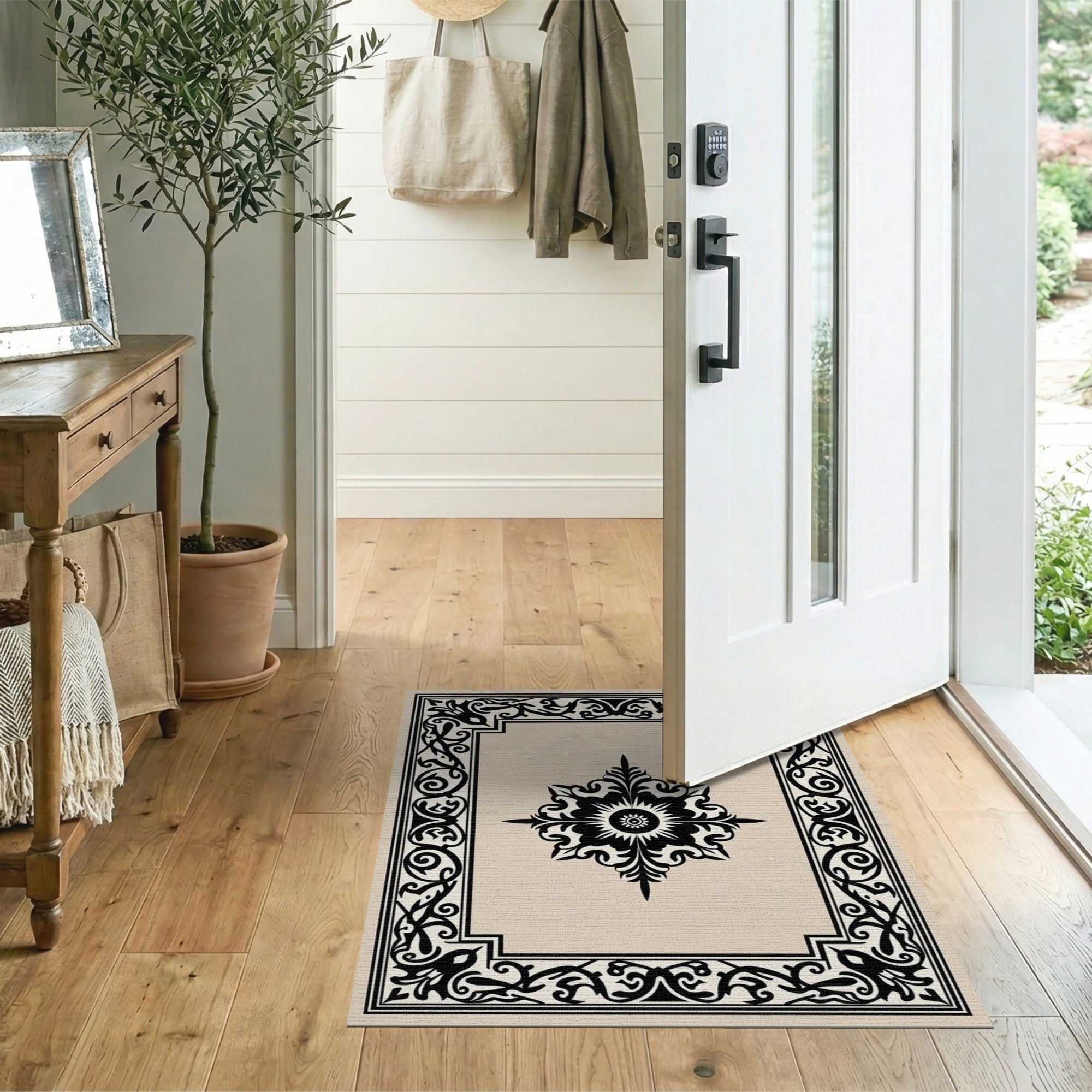Black and White Ornate Black Floral Medallion Area Rug
