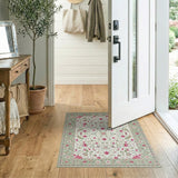Ivory Pink Floral Area Rug with Green Vines