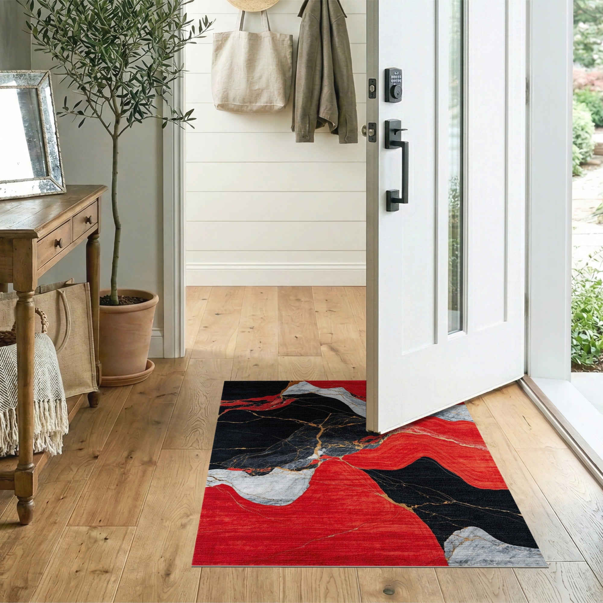 ODIKA Washable Modern Abstract Rug - Red Black Gold Marble Texture Low Pile Non-Slip Area Rug