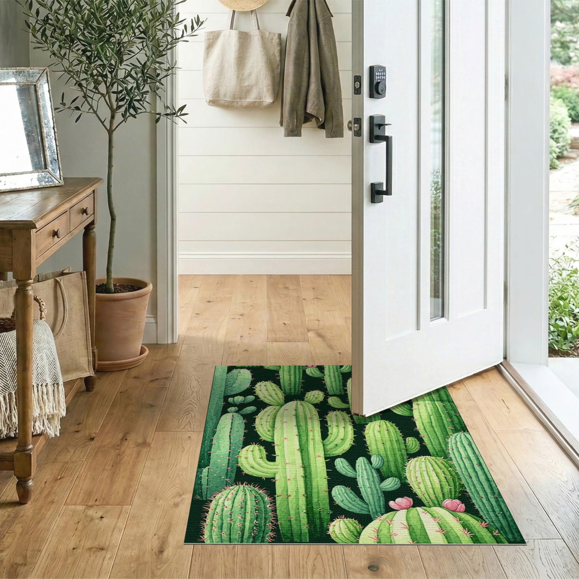 Vibrant Green Cactus Cluster Rug with Pink Blooms