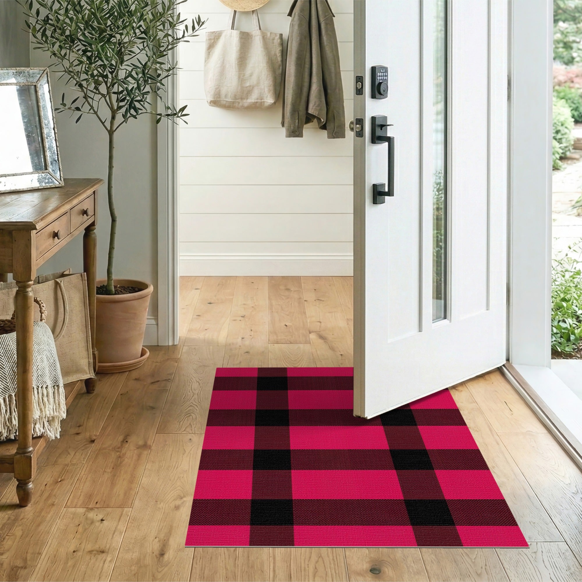 Rustic Farmhouse Bold Pink Black Plaid Area Rug