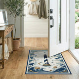 ODIKA Washable Nautical Lighthouse Area Rug - Low Pile Coastal Ocean Waves Decor