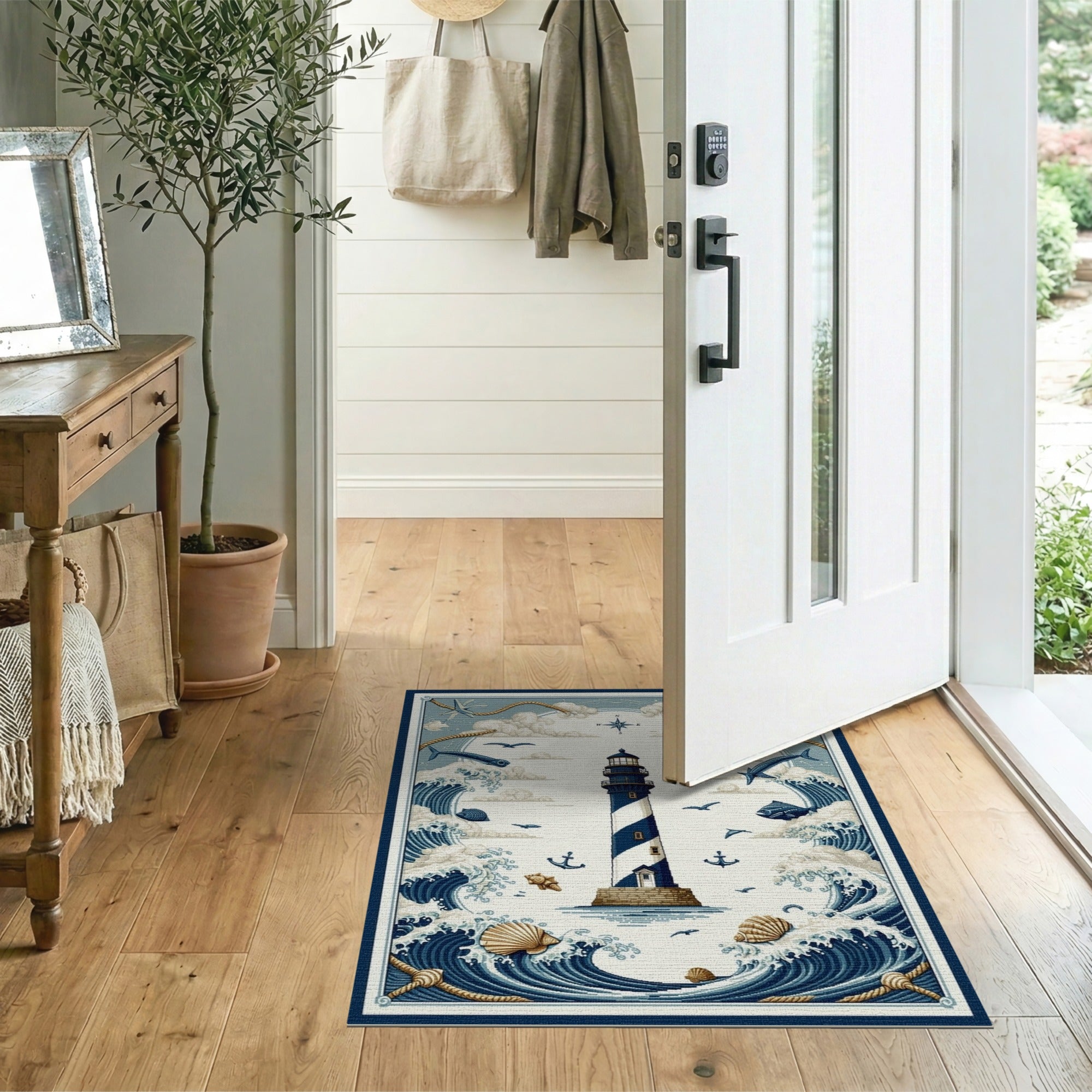 ODIKA Washable Nautical Lighthouse Area Rug - Low Pile Coastal Ocean Waves Decor