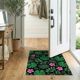 Lush Monstera Leaves Pink Hibiscus Black Area Rug