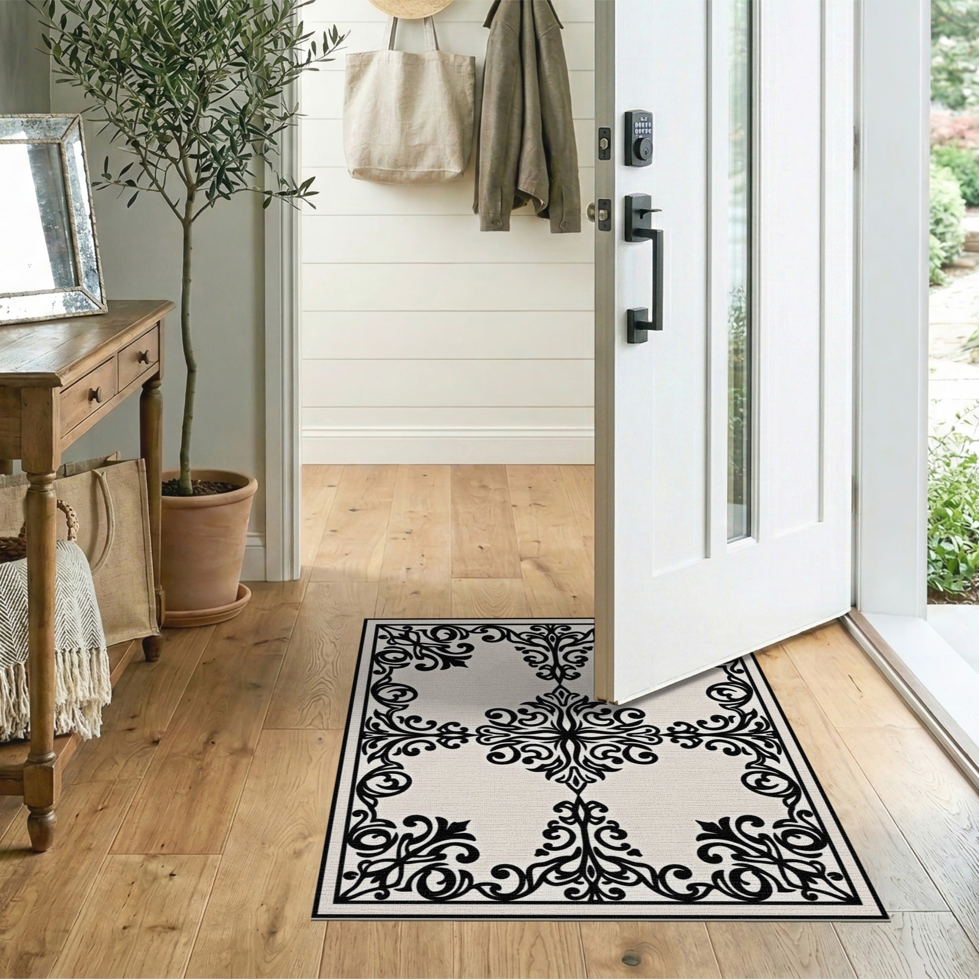 Floral Vintage Black and White Ornate Black Floral Medallion Area Rug