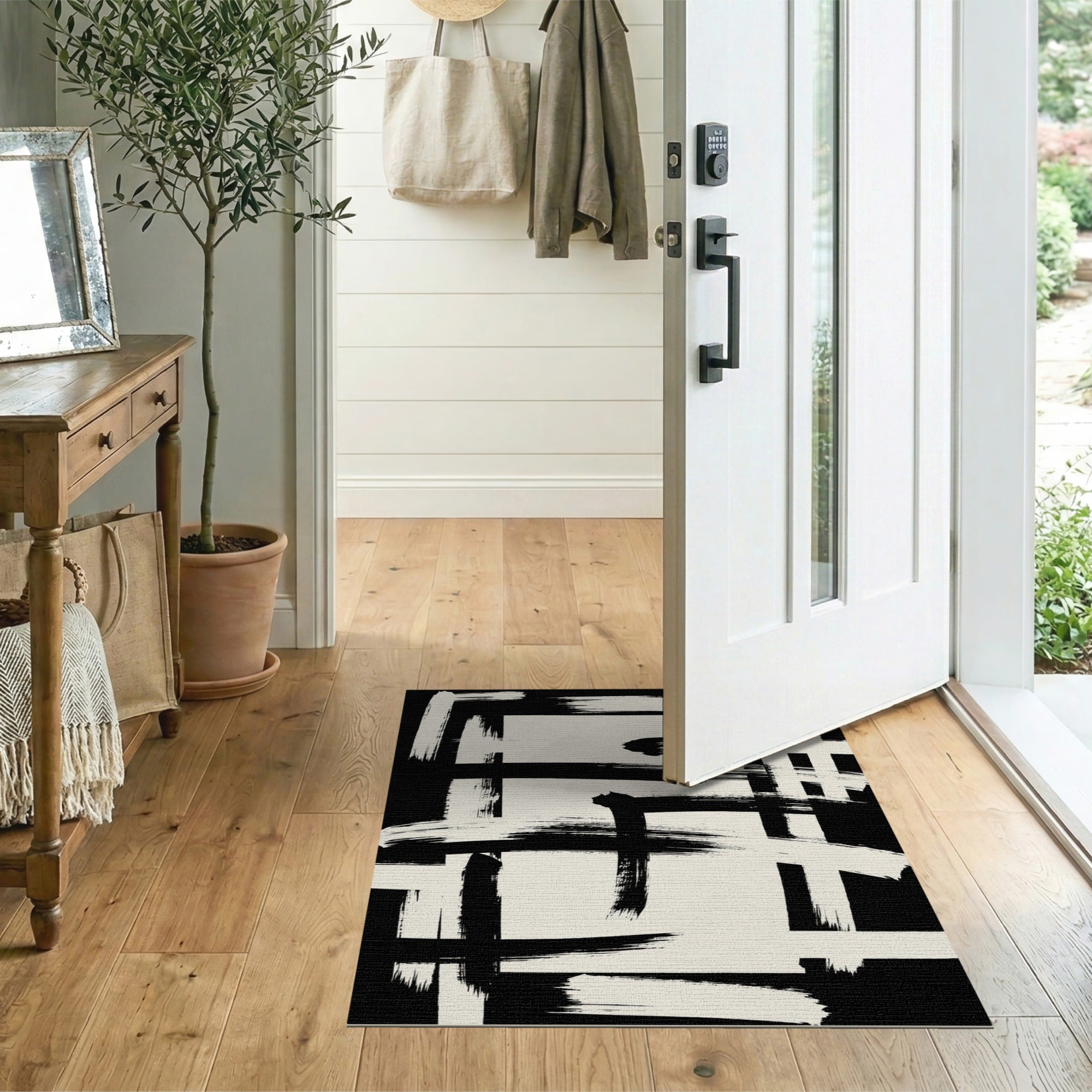 Modern Black & White Abstract Brushstroke Washable Area Rug