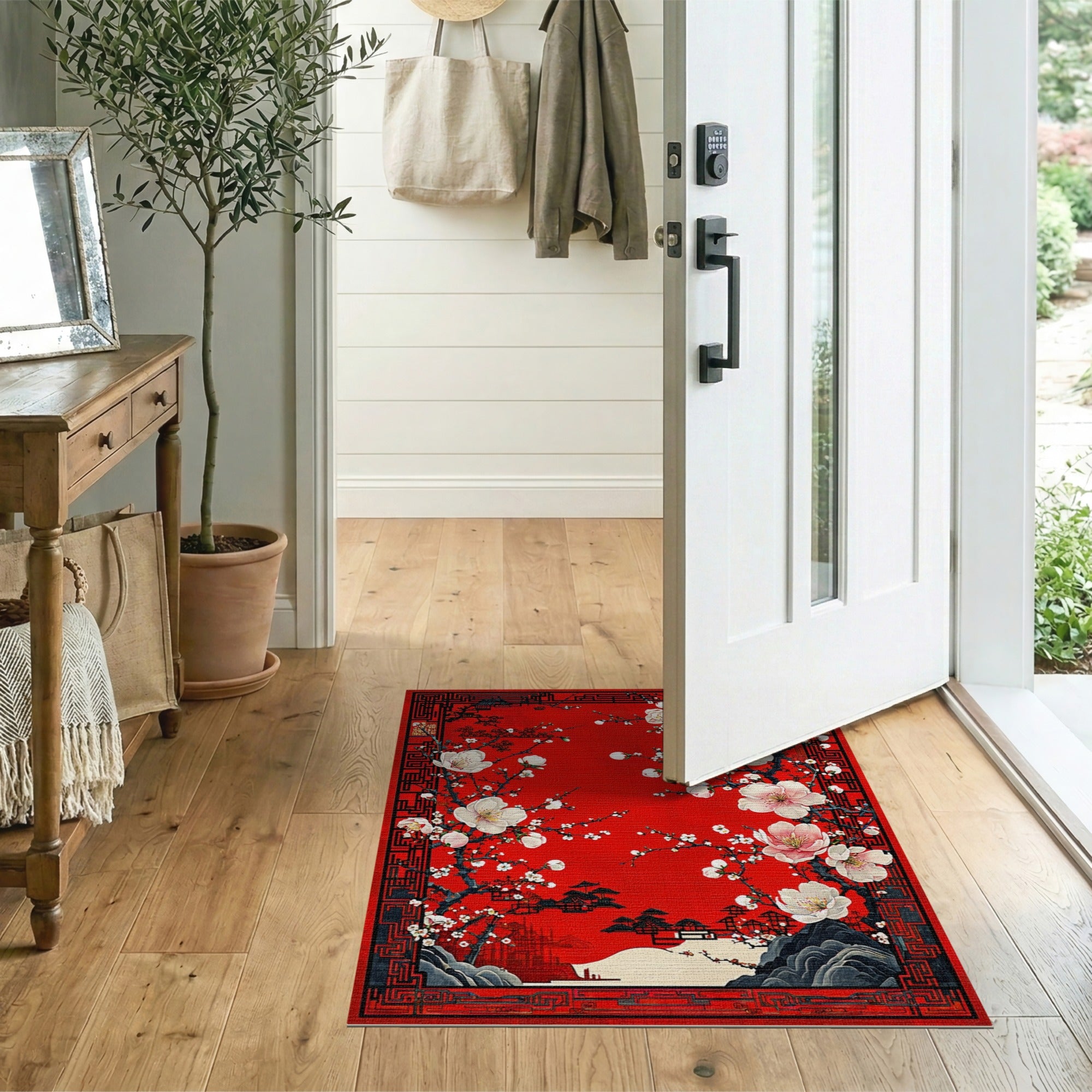 Red Plum Blossom Chinese Landscape Area Rug