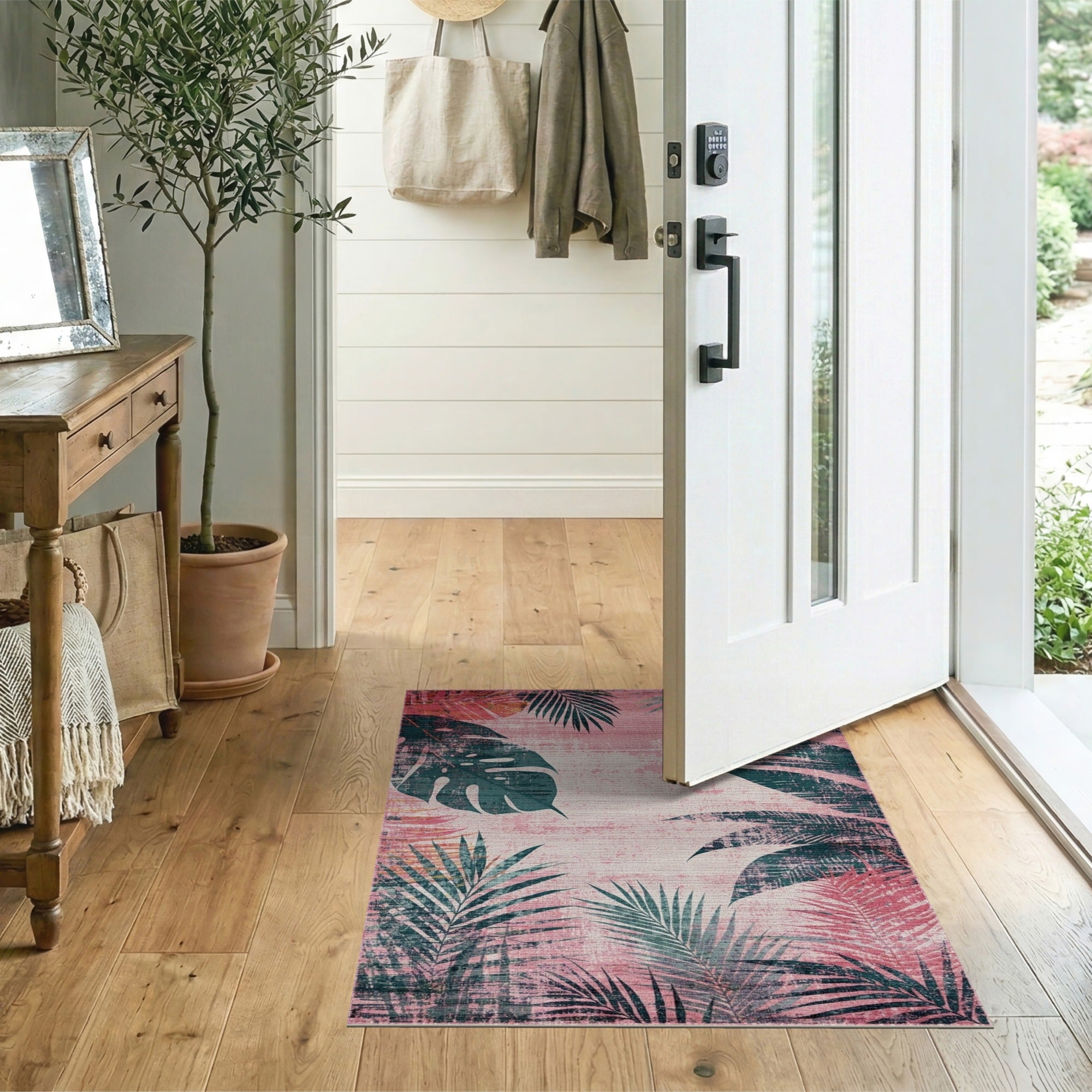Distressed Pink Palm Monstera Leaf Area Rug