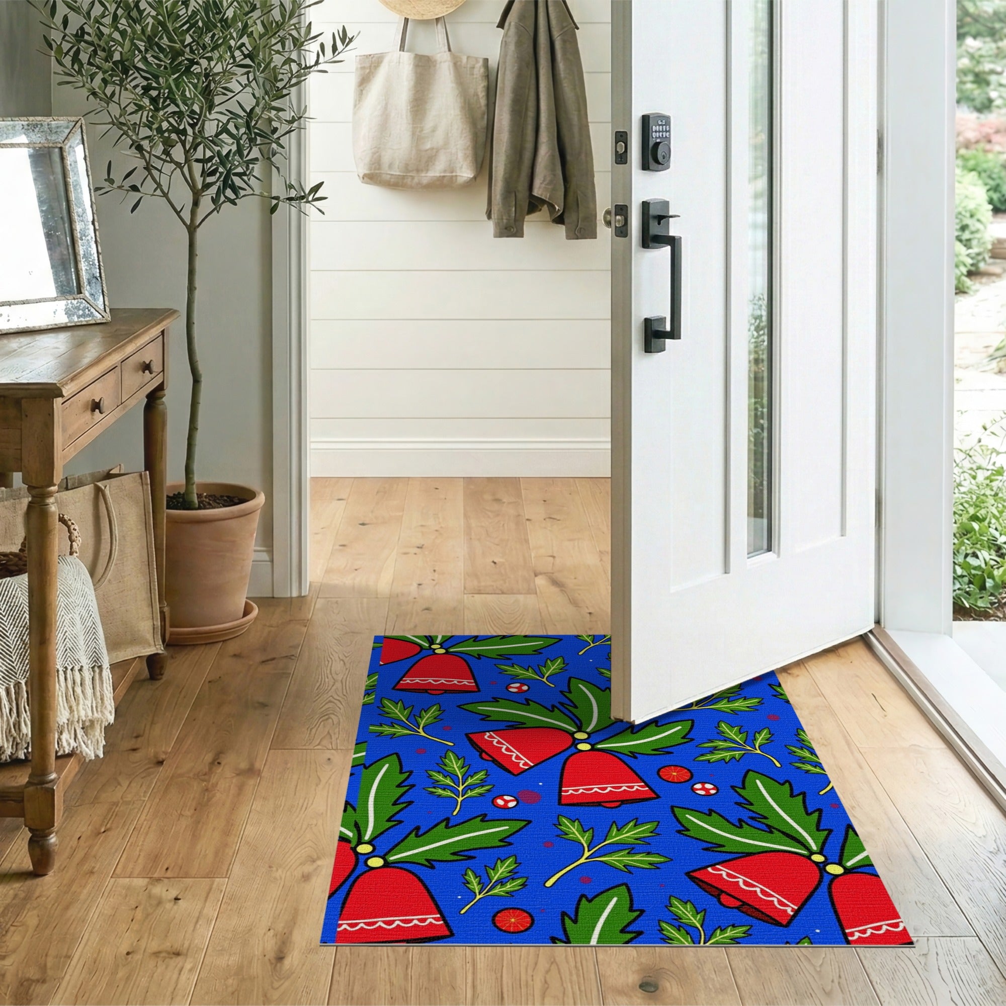 Festive Red Bells Holly Christmas Area Rug
