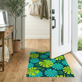 Teal Daisies Yellow Leaves Navy Floral Area Rug