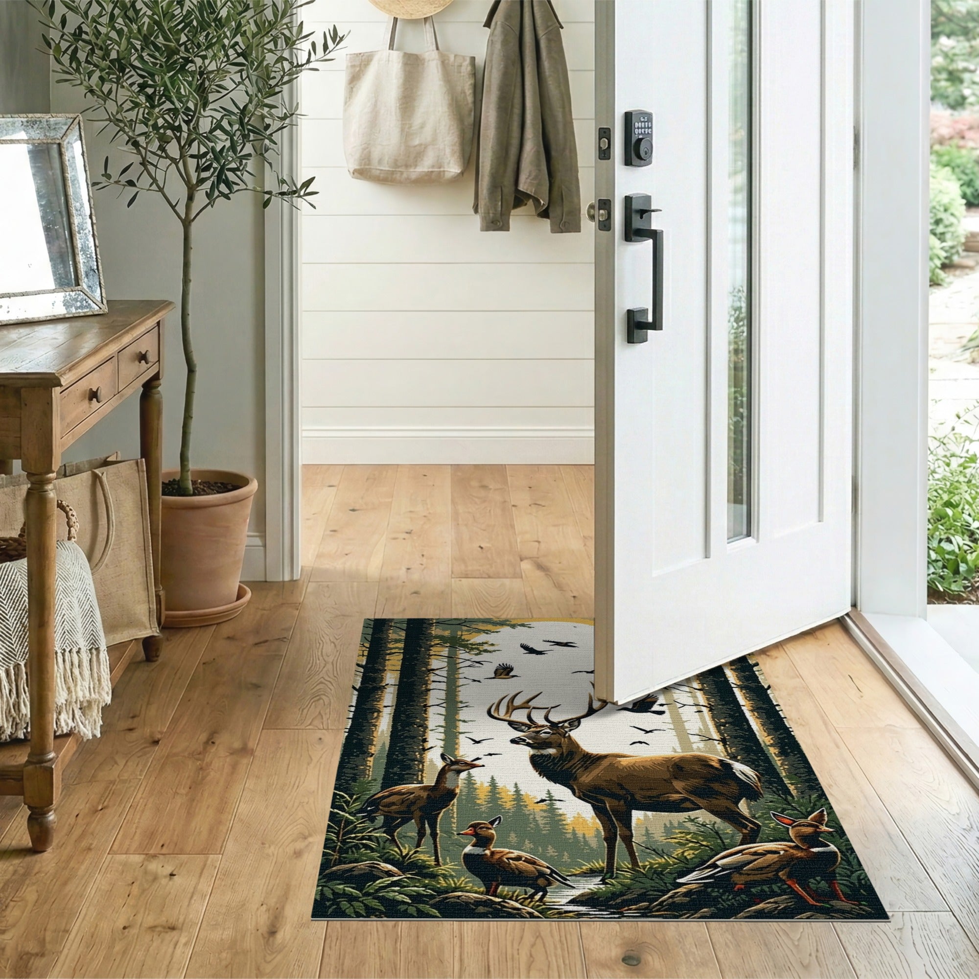 ODIKA Washable Forest Deer Buck Scene Rug - Rustic Lodge Area Rug, Low Pile & Non-Slip
