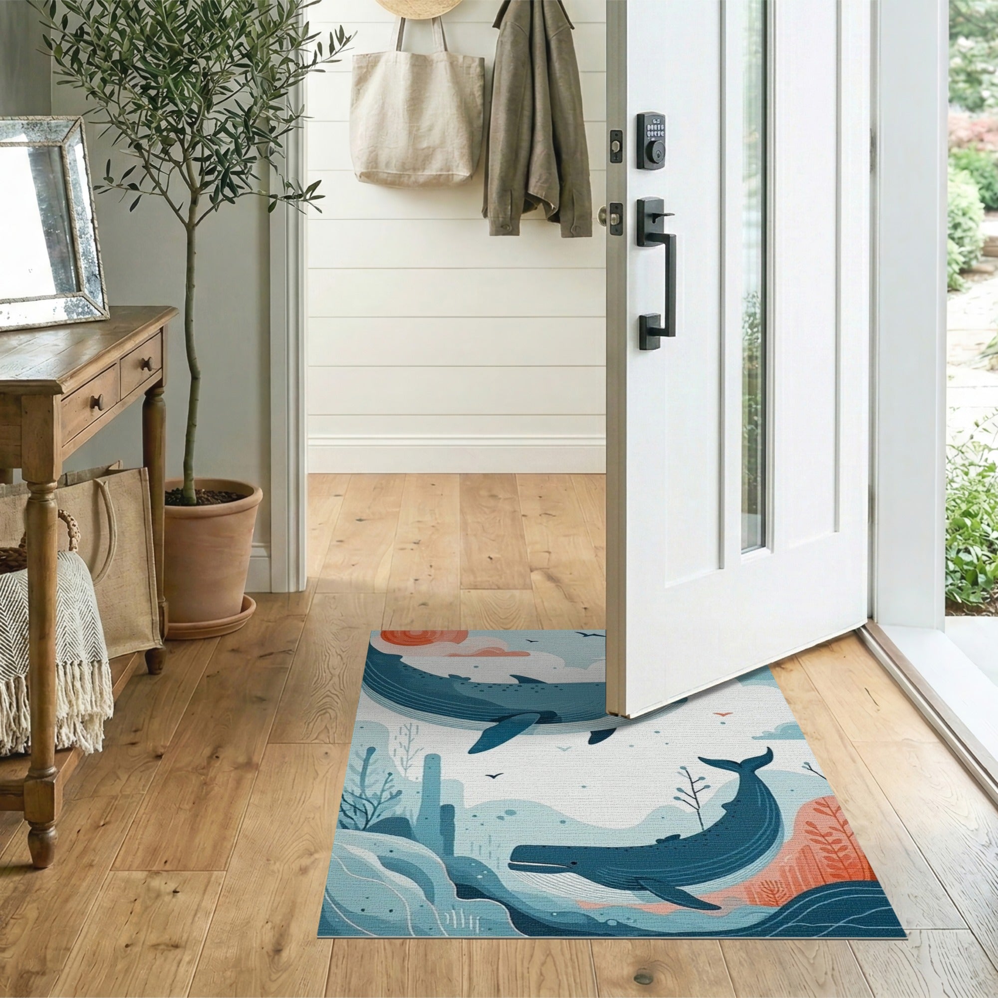 ODIKA Washable Blue Whale Ocean Theme Area Rug - Low Pile & Non-Slip Nursery Decor