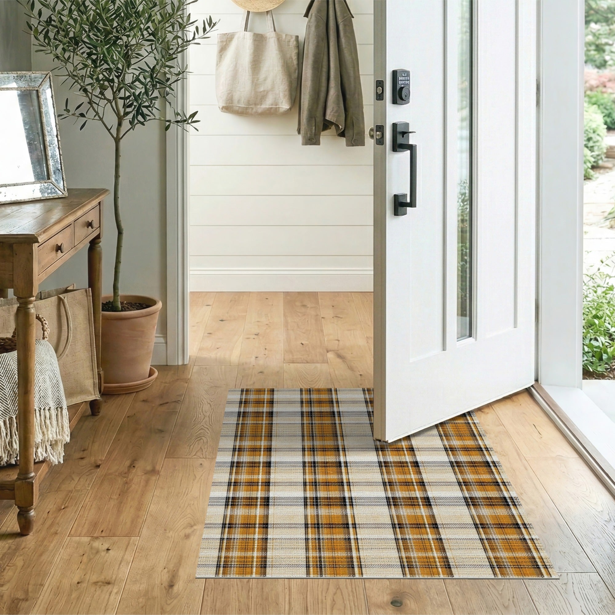 Burnt Orange Plaid Distressed Area Rug