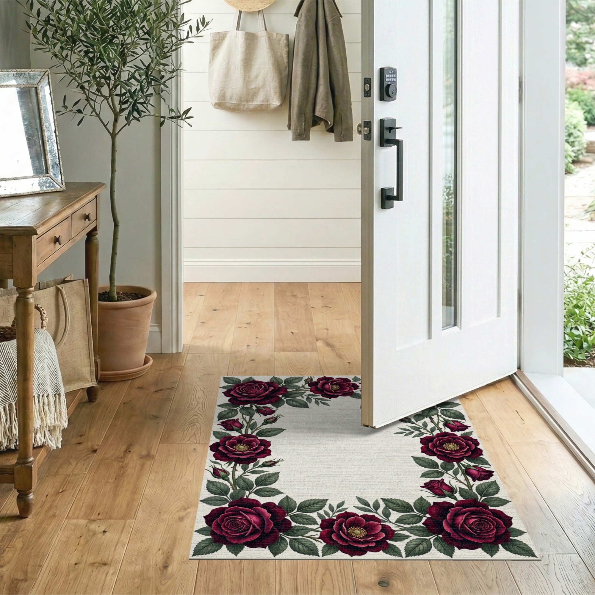 Vintage Red Rose Floral Frame Rug