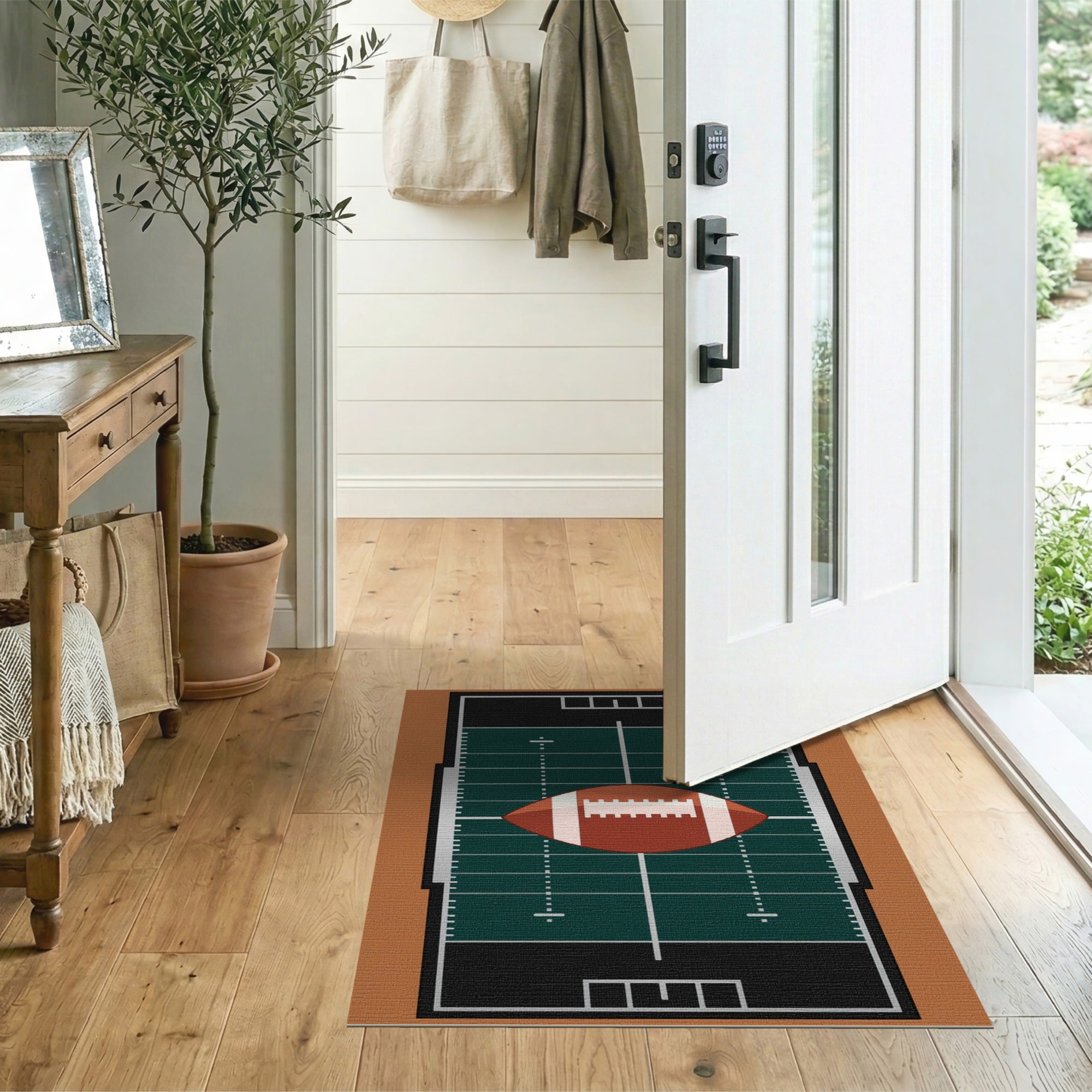 Green Football Field Area Rug with Centered Ball