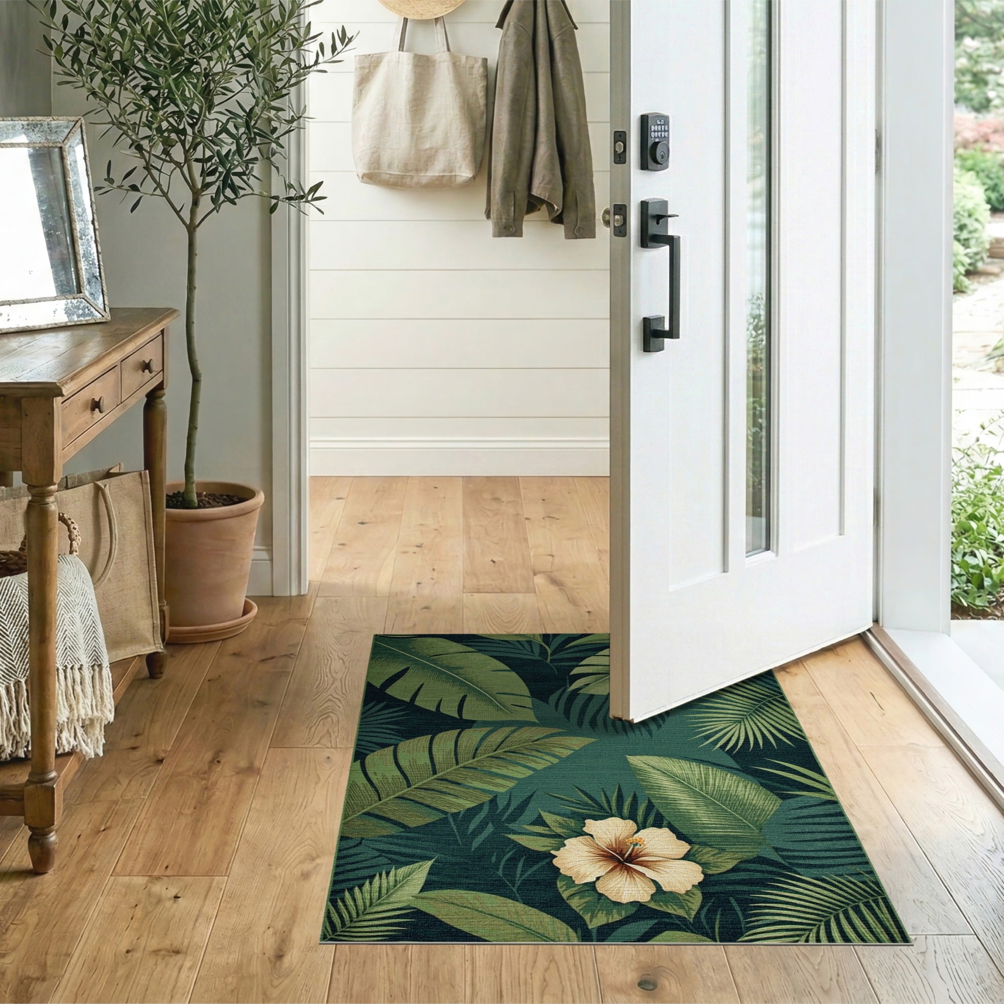 Green Lush Green Palm Leaf Hibiscus Area Rug