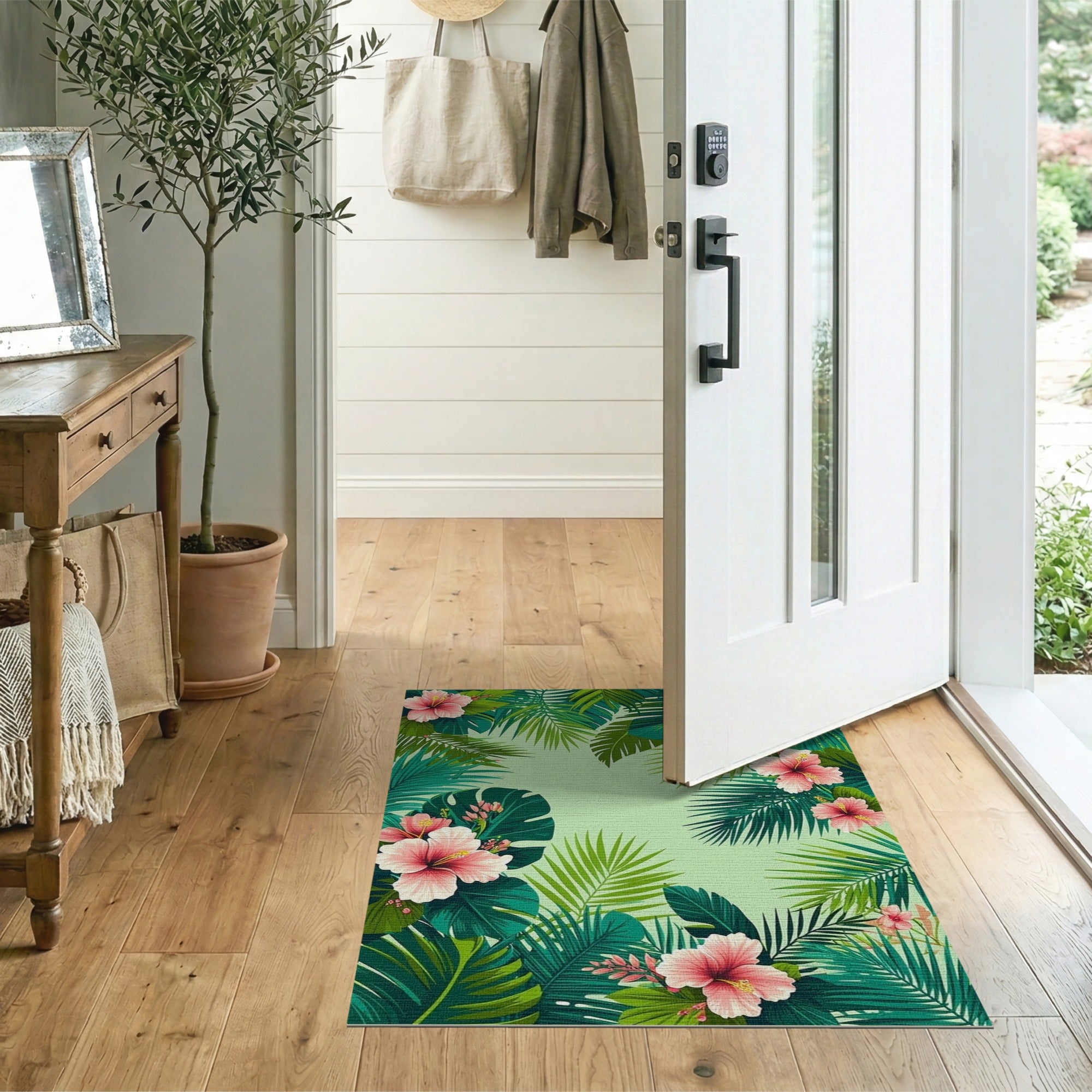Lush Green Hibiscus and Palm Leaf Area Rug
