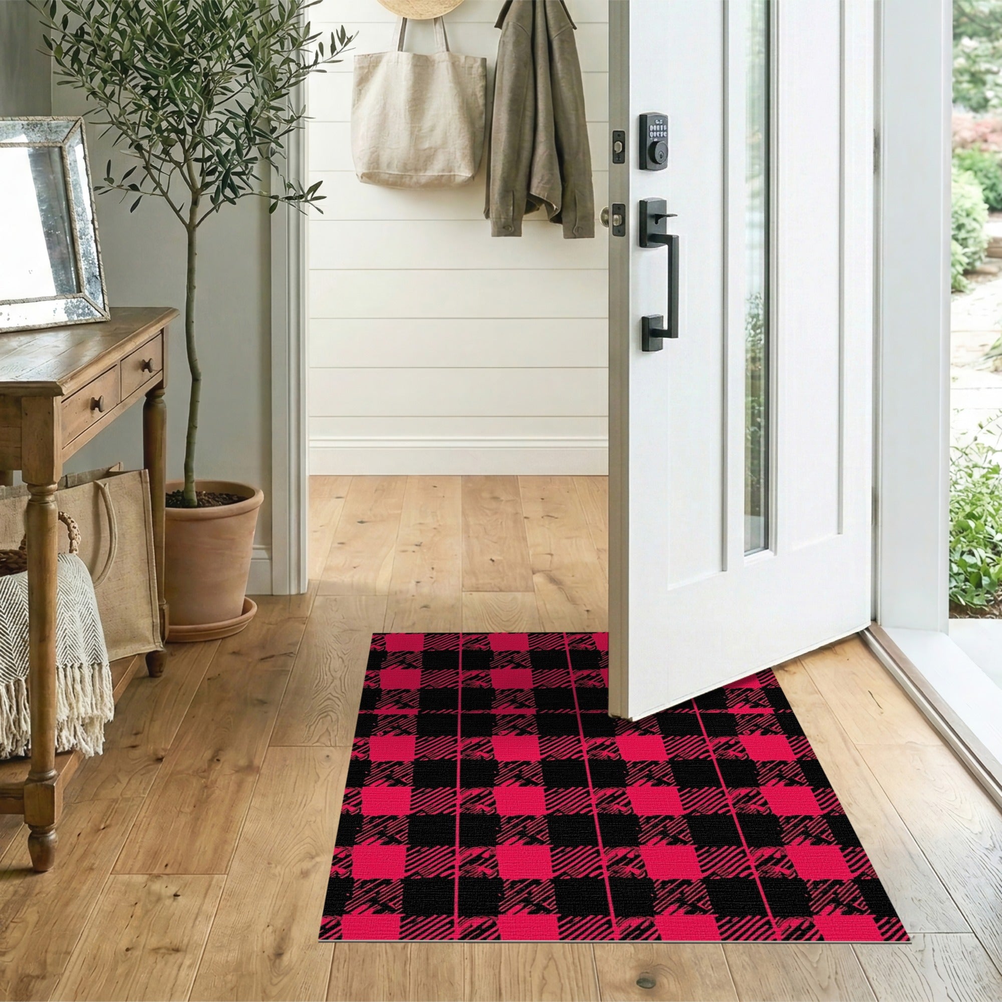 Pink Black Buffalo Check Distressed Vintage Area Rug