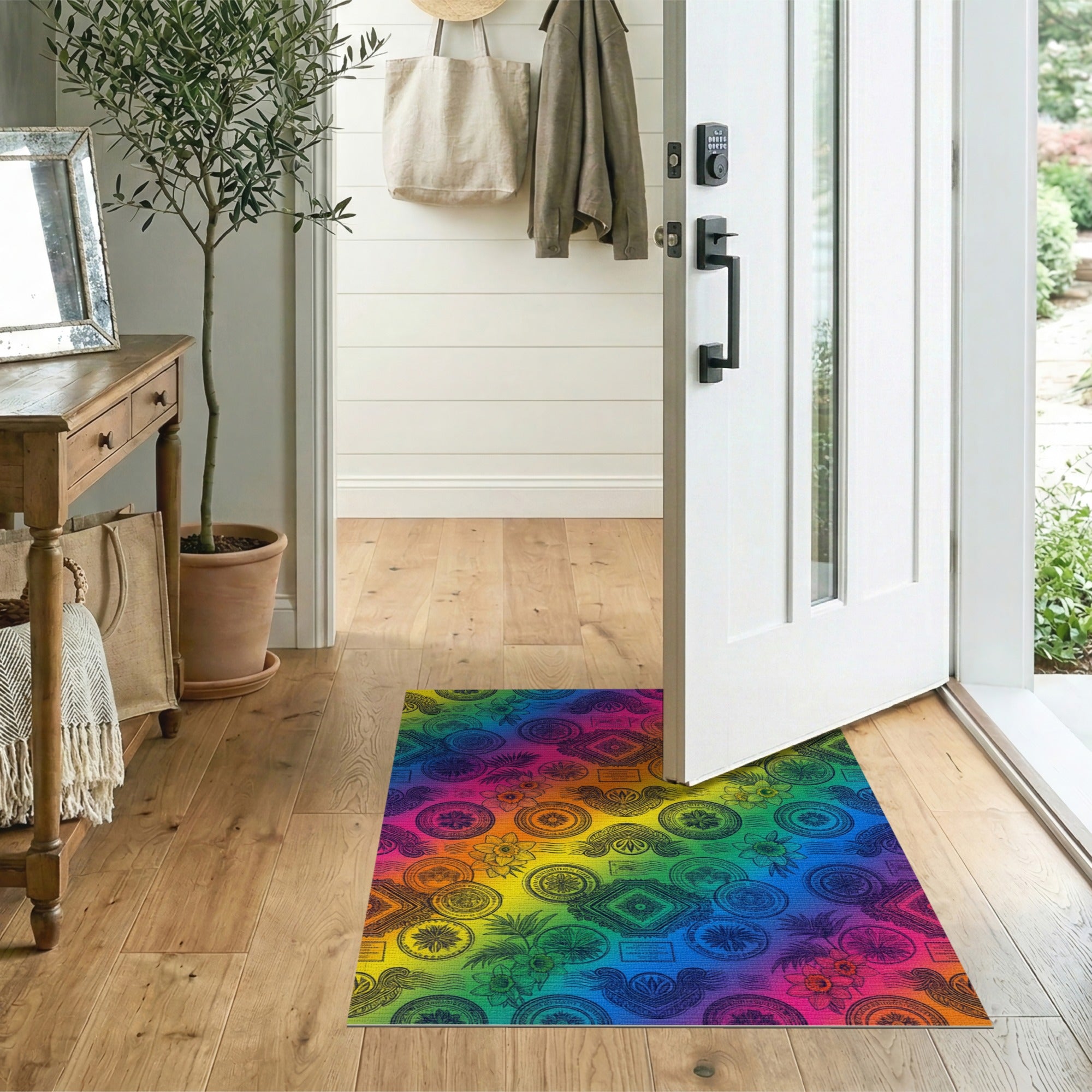 Rainbow Floral Stamp Vintage Area Rug