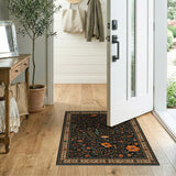 Black Persian Floral Area Rug with Orange Blooms
