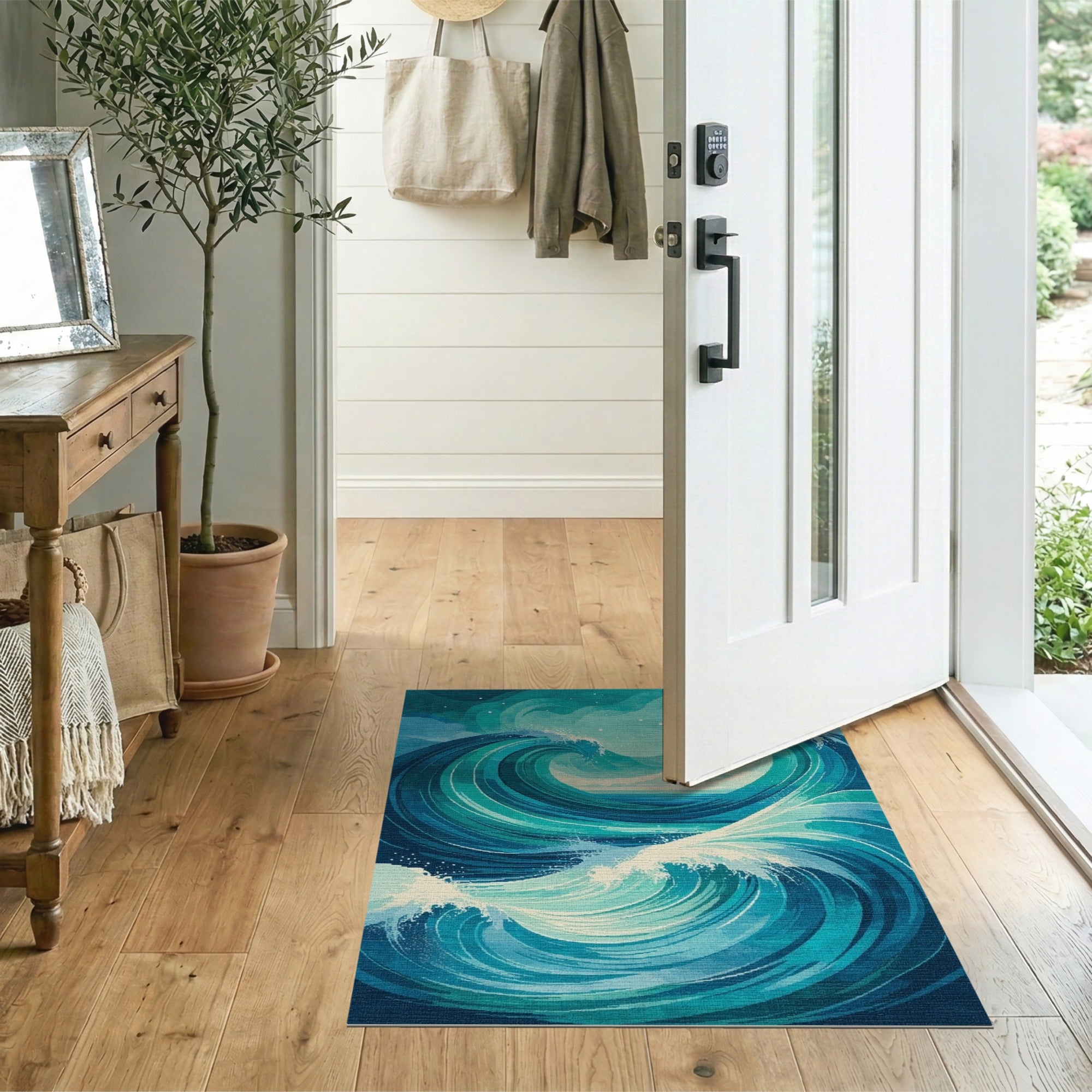 Washable Abstract Teal Ocean Wave Coastal Low Pile Area Rug