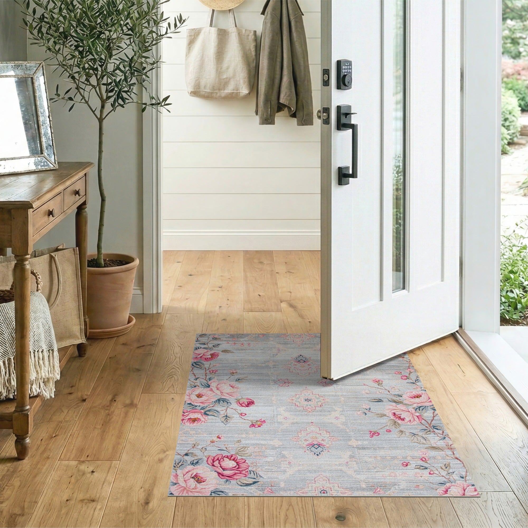 Vintage Grey Pink Peony Floral Area Rug