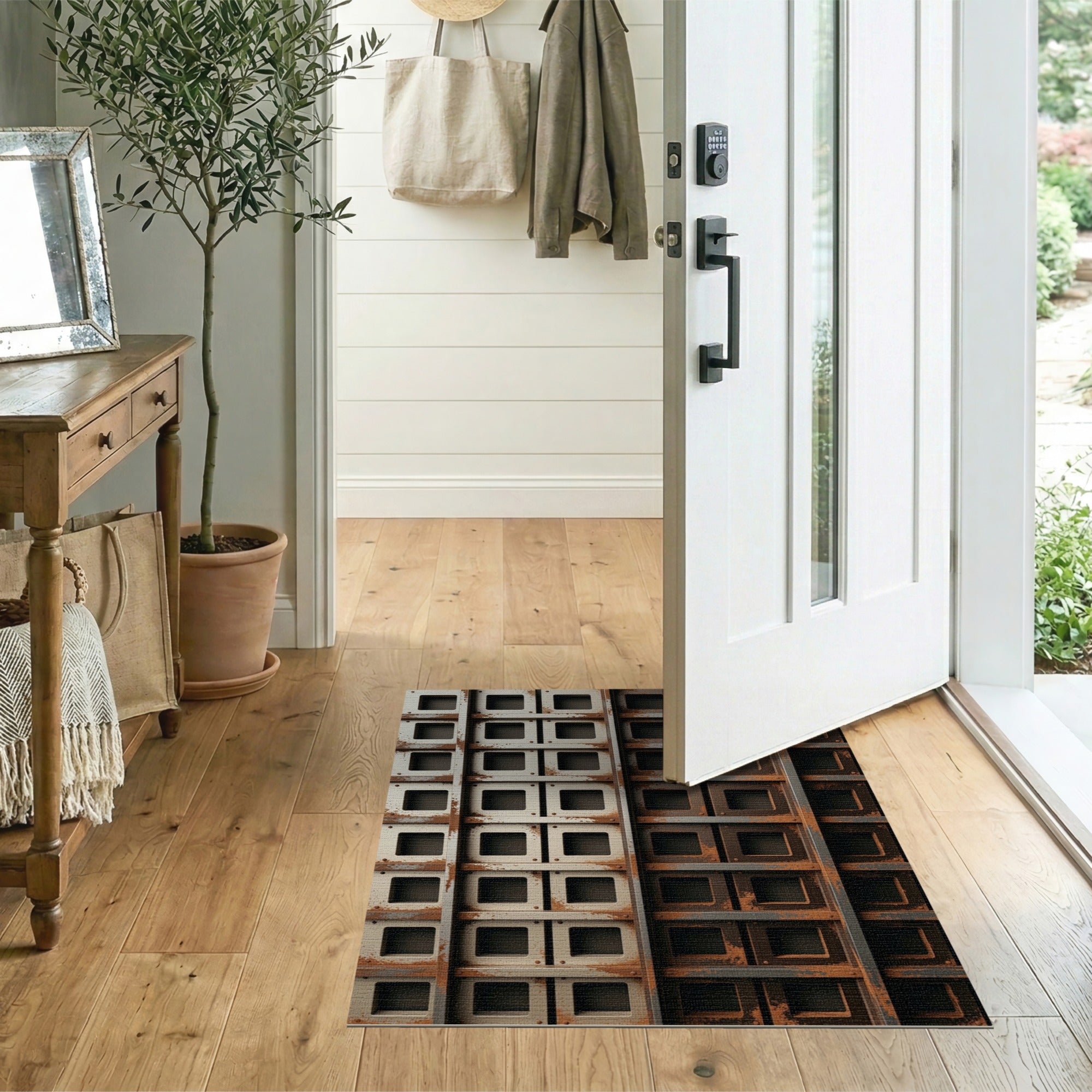 Rusted Industrial Grid Area Rug