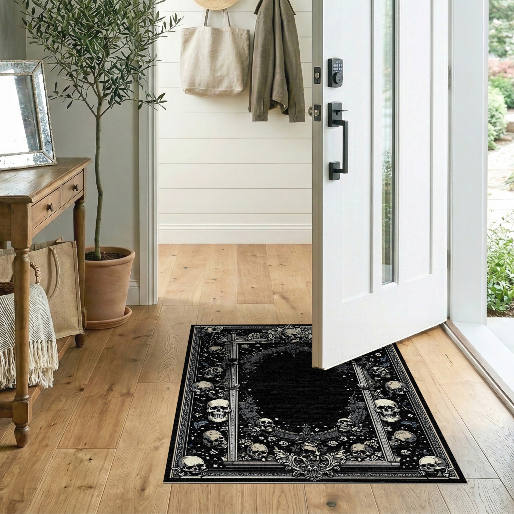 Washable Gothic Skull & Floral Area Rug - Dark Vintage Low Pile