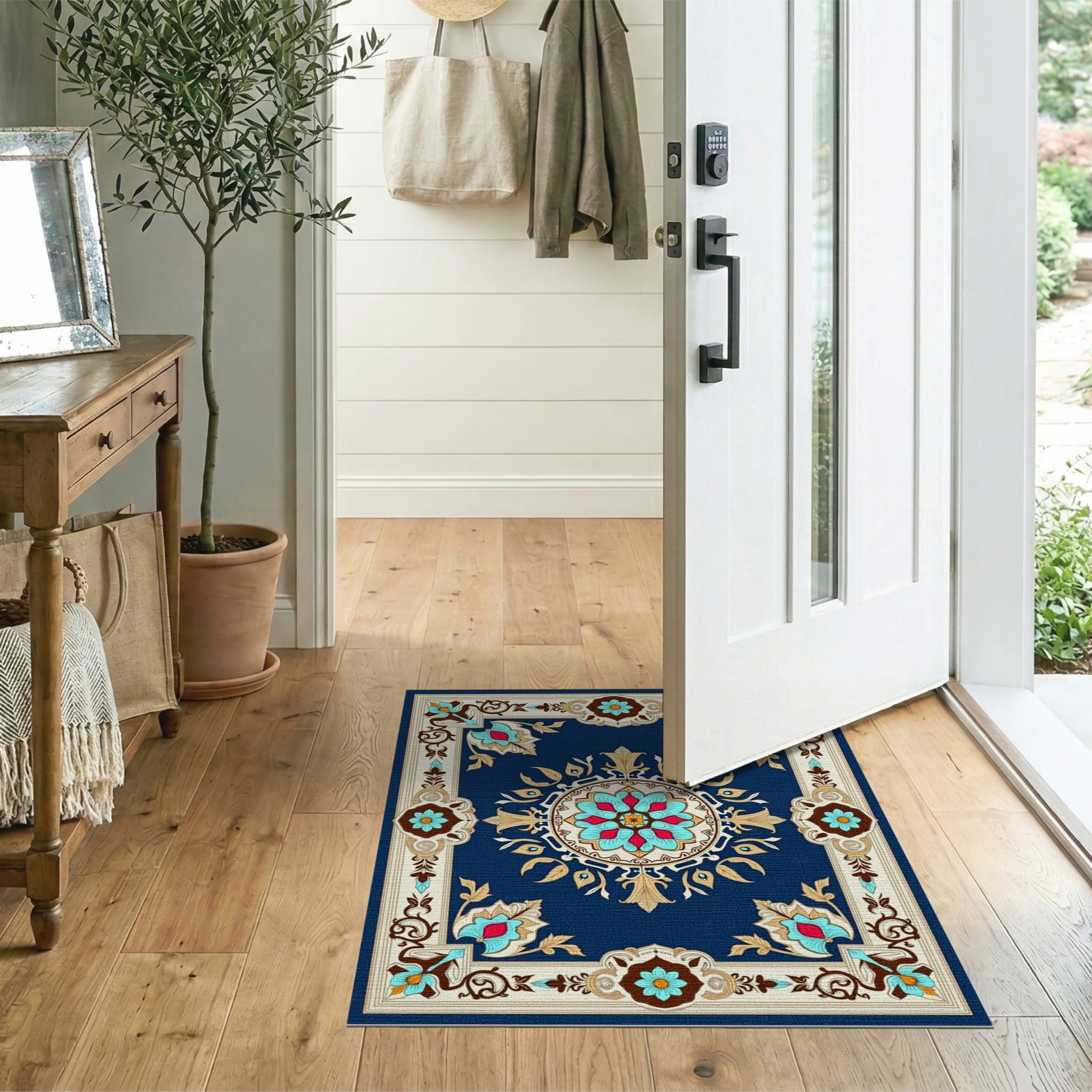 Navy Teal Floral Medallion Persian Area Rug