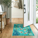 Teal Koi Fish Area Rug with Swirling Florals