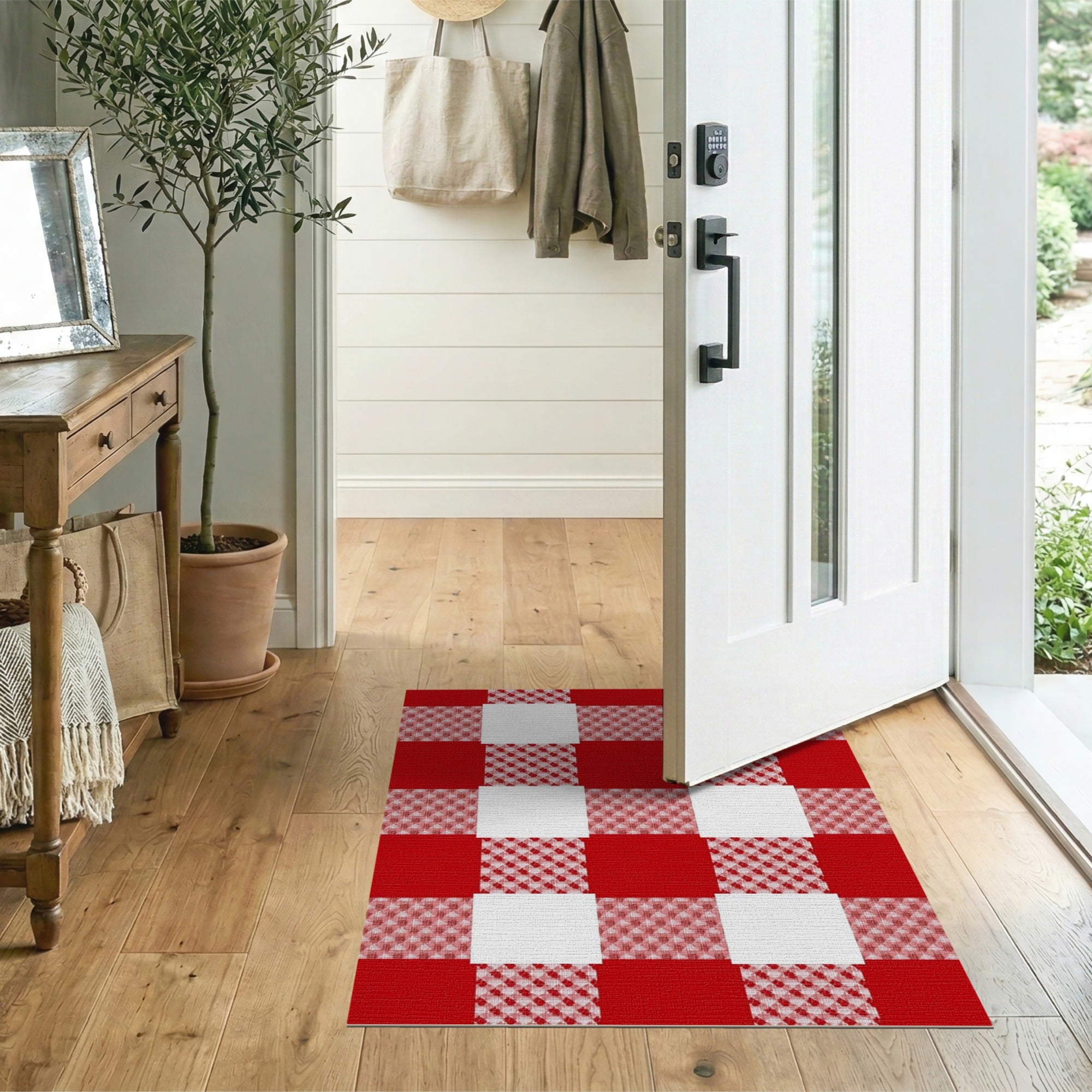 Rustic Farmhouse Bold Red Gingham Checkered Area Rug