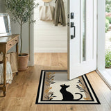 Black Cat Silhouette Area Rug with Leaf Border