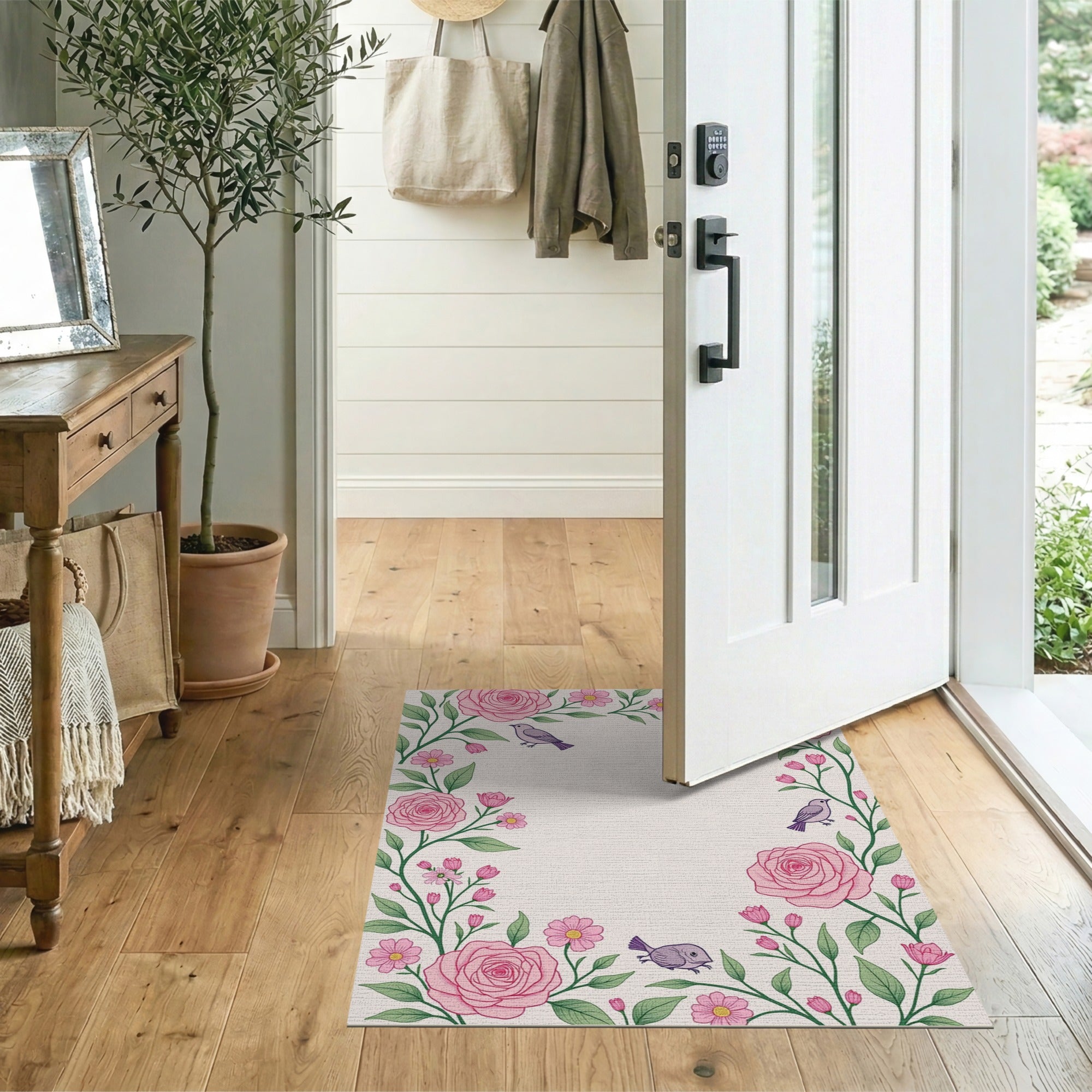 Pink Roses Birds Floral Border Rug