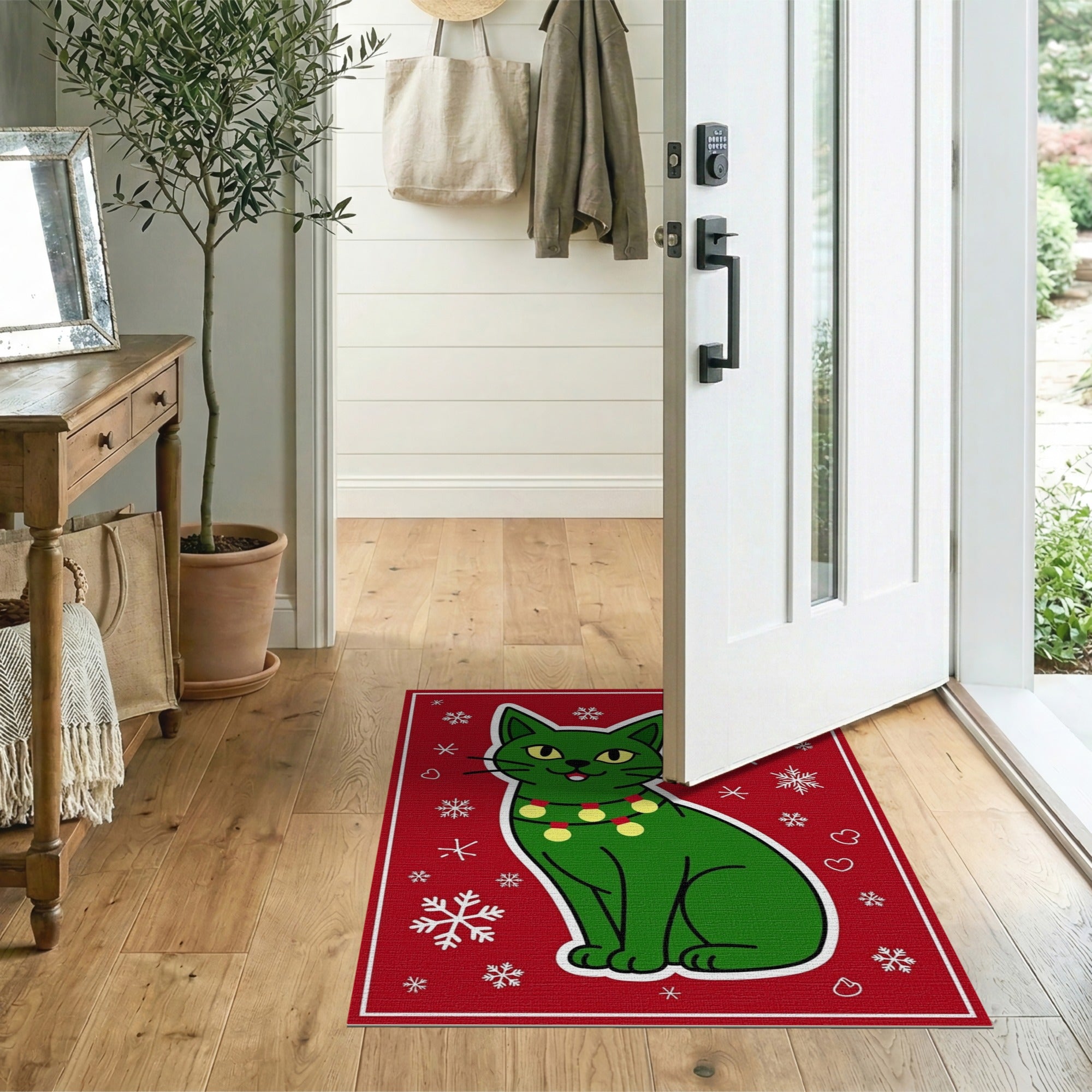 Festive Green Cartoon Cat Holiday Rug
