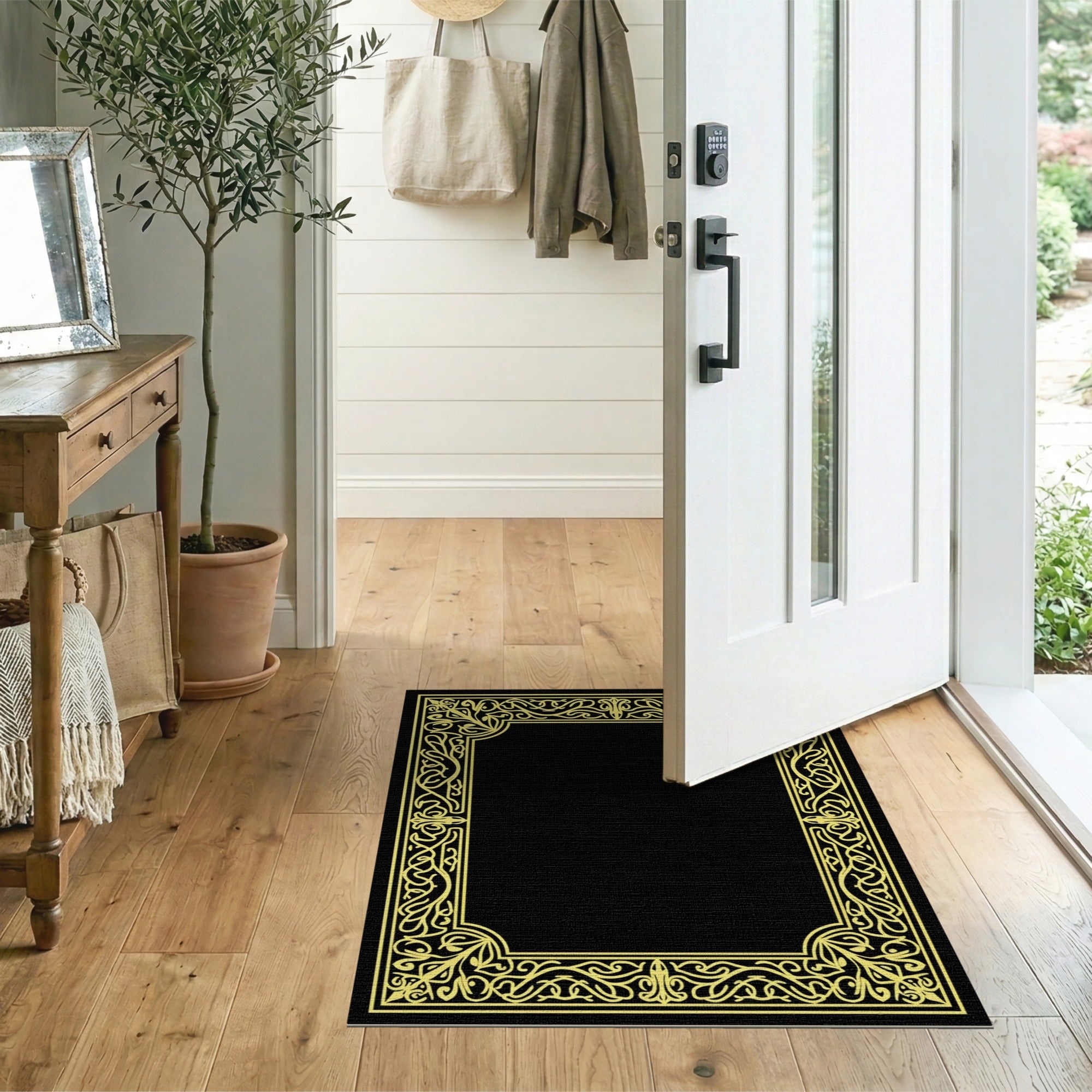 Floral Vintage Ornate Gold Floral Border Black Area Rug
