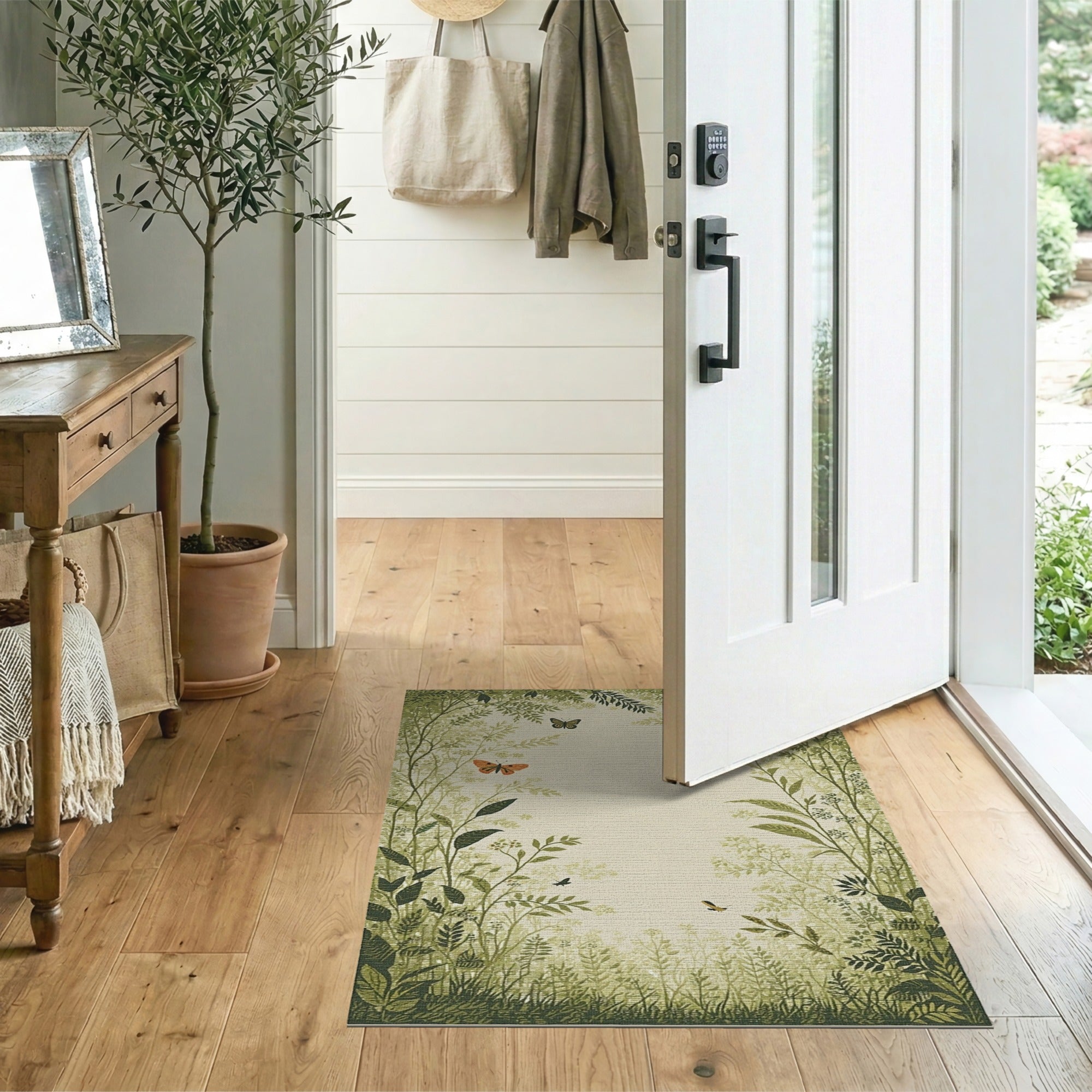 Lush Green Botanical Arch with Butterflies Area Rug