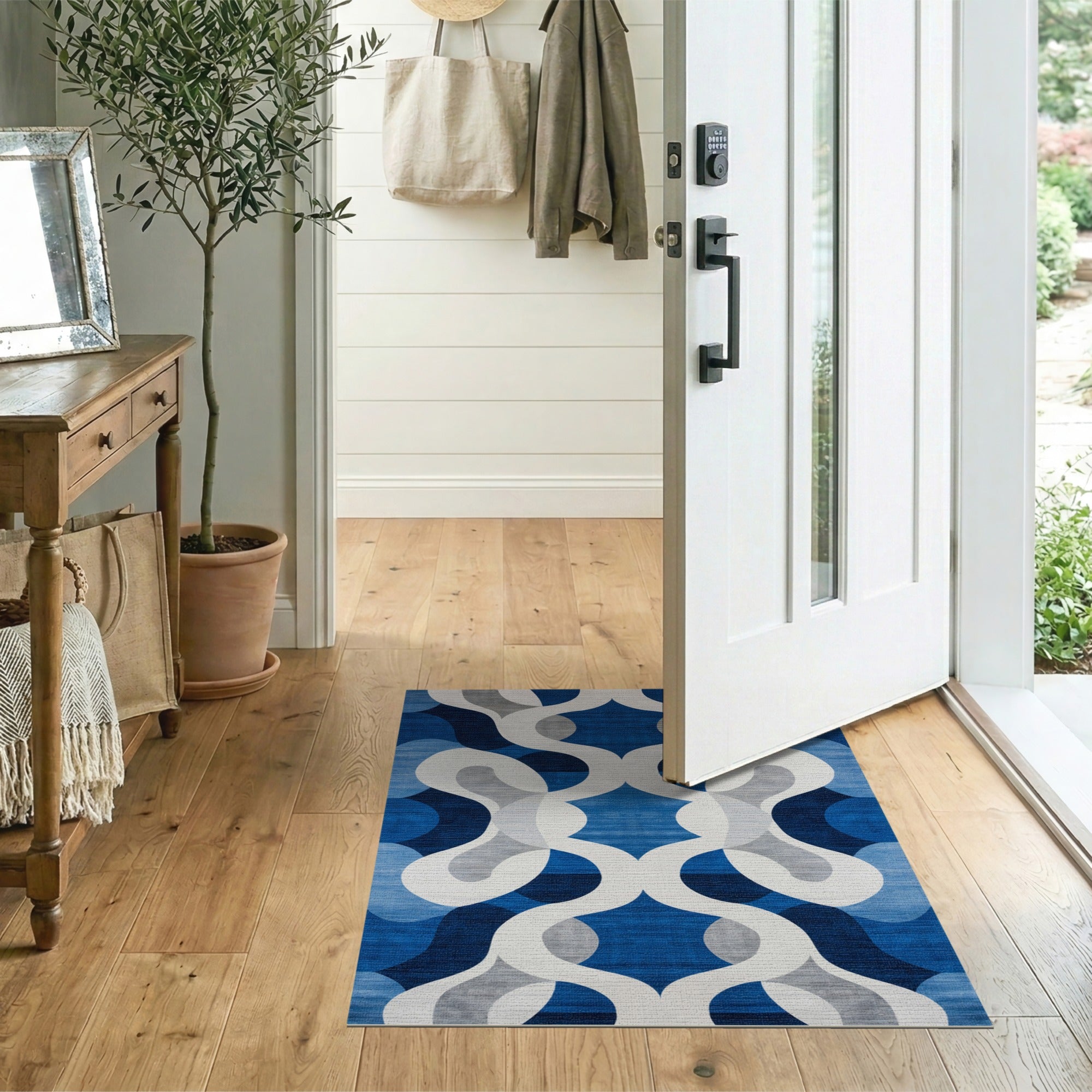 ODIKA Washable Blue Geometric Area Rug - Modern Low Pile Non-Slip Rug for Living Room & Bedroom