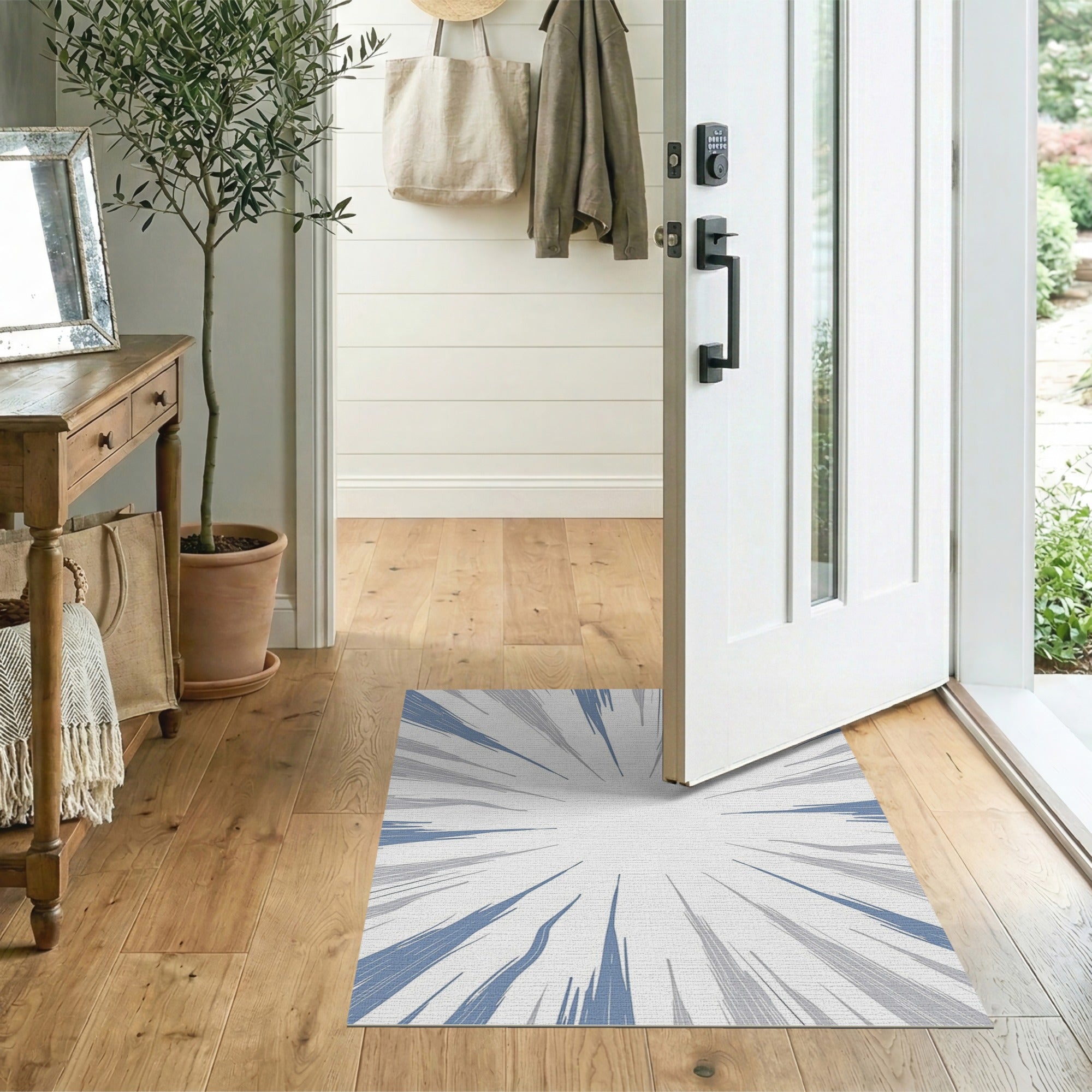 ODIKA Washable Abstract Radial Sunburst Area Rug - Blue & Grey Low Pile Modern Non-Slip Carpet